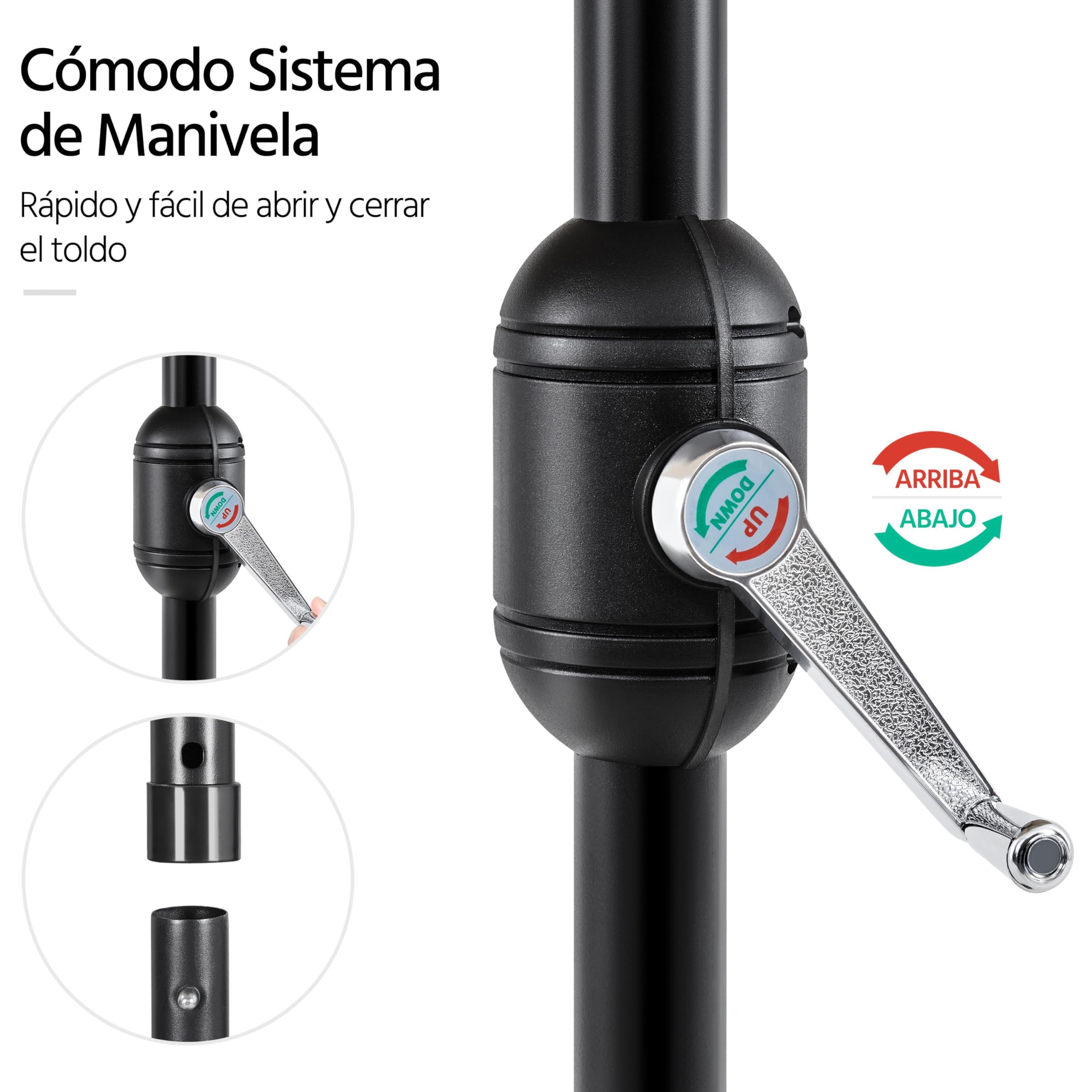Yaheetech Sombrilla de Jardín con Manivela Inclinable Ø270x241cm Protección UV Columna de Hierro 6 Varillas de Metal para Terraza Exterior Balcón sin Soporte Gris