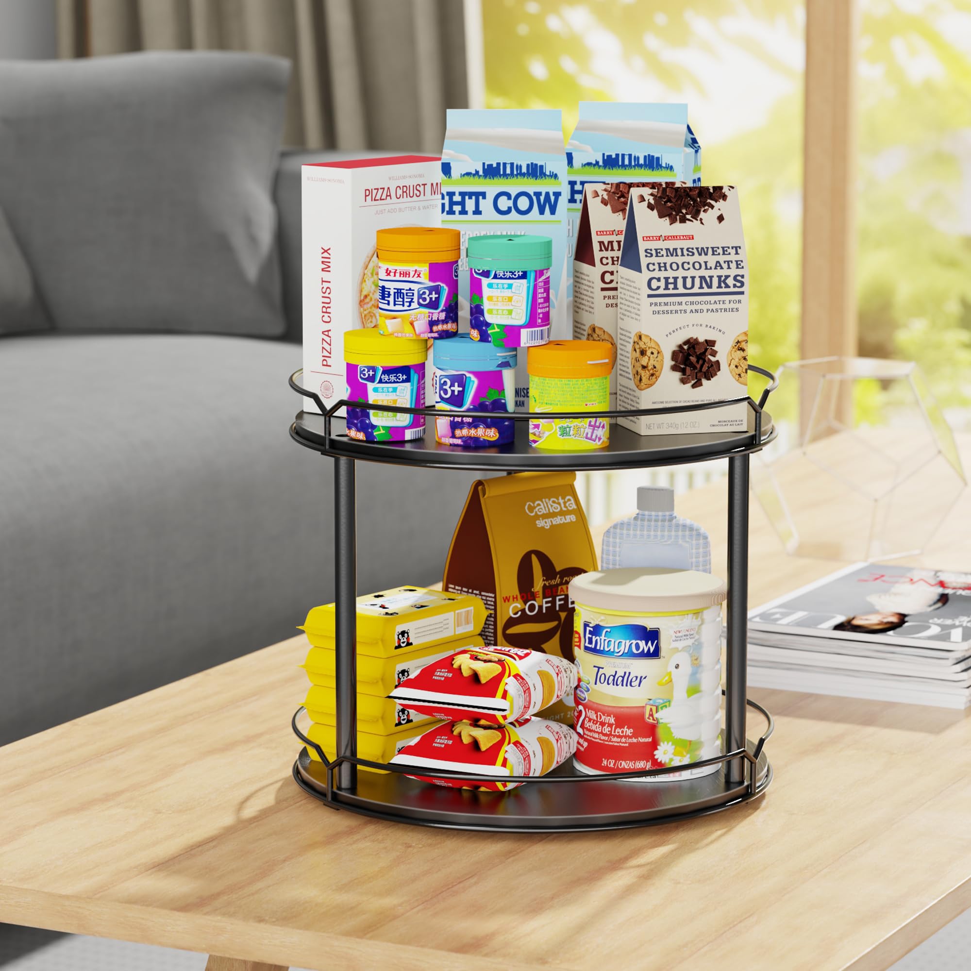 Lazy Susan - Organizador de 2 Niveles, Estante Giratorio de Especias de 12.4 Pulgadas para Mesa, Giratorio de Madera para gabinete, despensa, Cocina, encimera, Mesa de Comedor, Armario, baño,