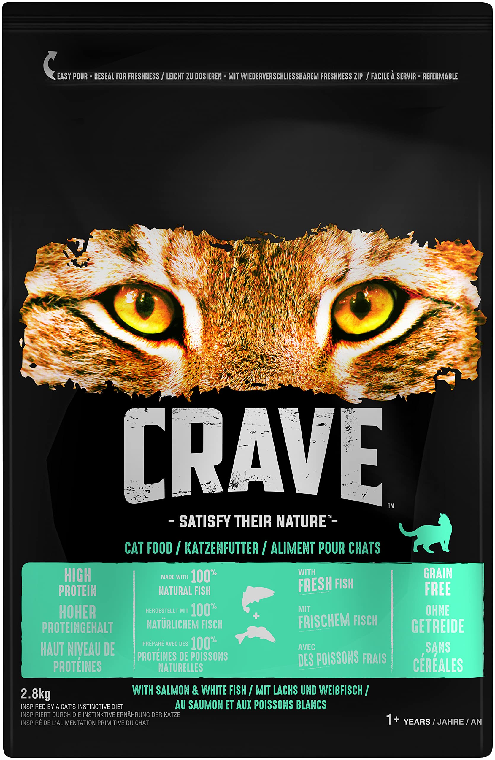 Crave Premium Trockenfutter mit Lachs & Weißfisch für Katzen – Getreidefreies Adult Katzenfutter mit hohem Proteingehalt –3 x 2,8 kg