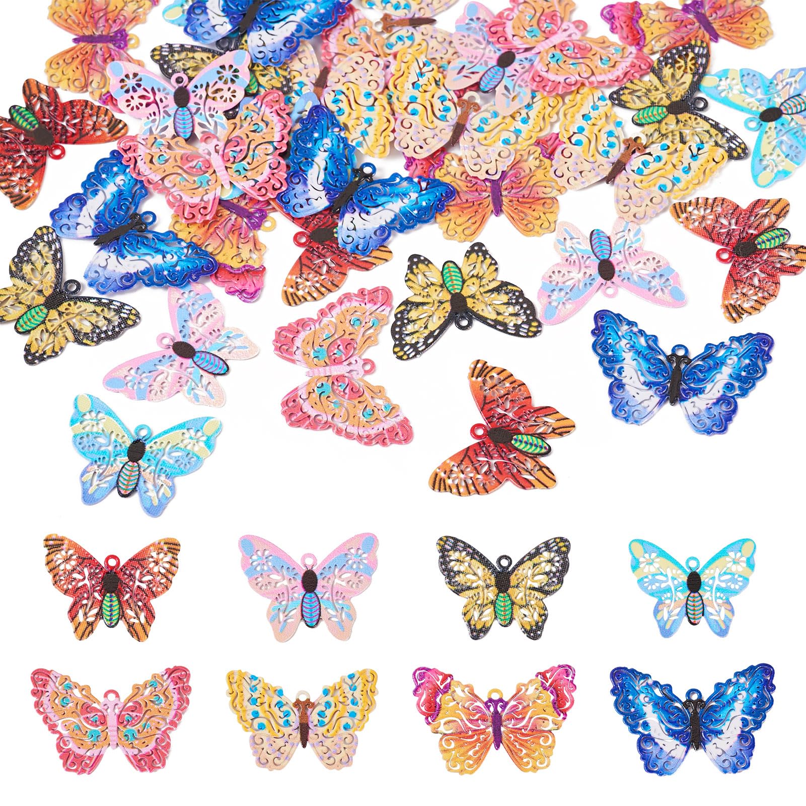 Spritewelry 32Pcs Colorful Butterfly Charms Stainless Steel Filigree Butterfly Pendants for Jewelry Making DIY Earrings Necklace Bracelets Accessories