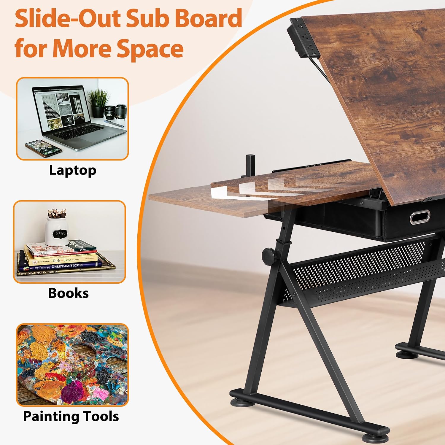 Drafting Table Drawing Desk w/Power Outlet, Art&Craft Work Station Height Adjustable Tilting Tabletop Craft Table Desk w/Stool and 2 Storage Drawers for Home Office, Rustic Brown