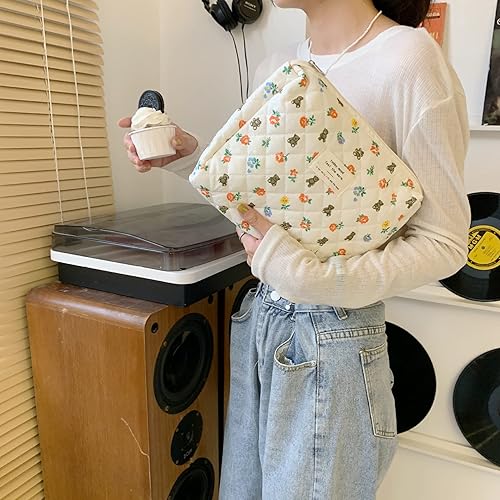 Miniatura 7 de VIWIME Bolsa de cosméticos de maquillaje, bolsa grande acolchada de algodón, coqueta de viaje, bonita bolsa de maquillaje floral para mujeres (103 -