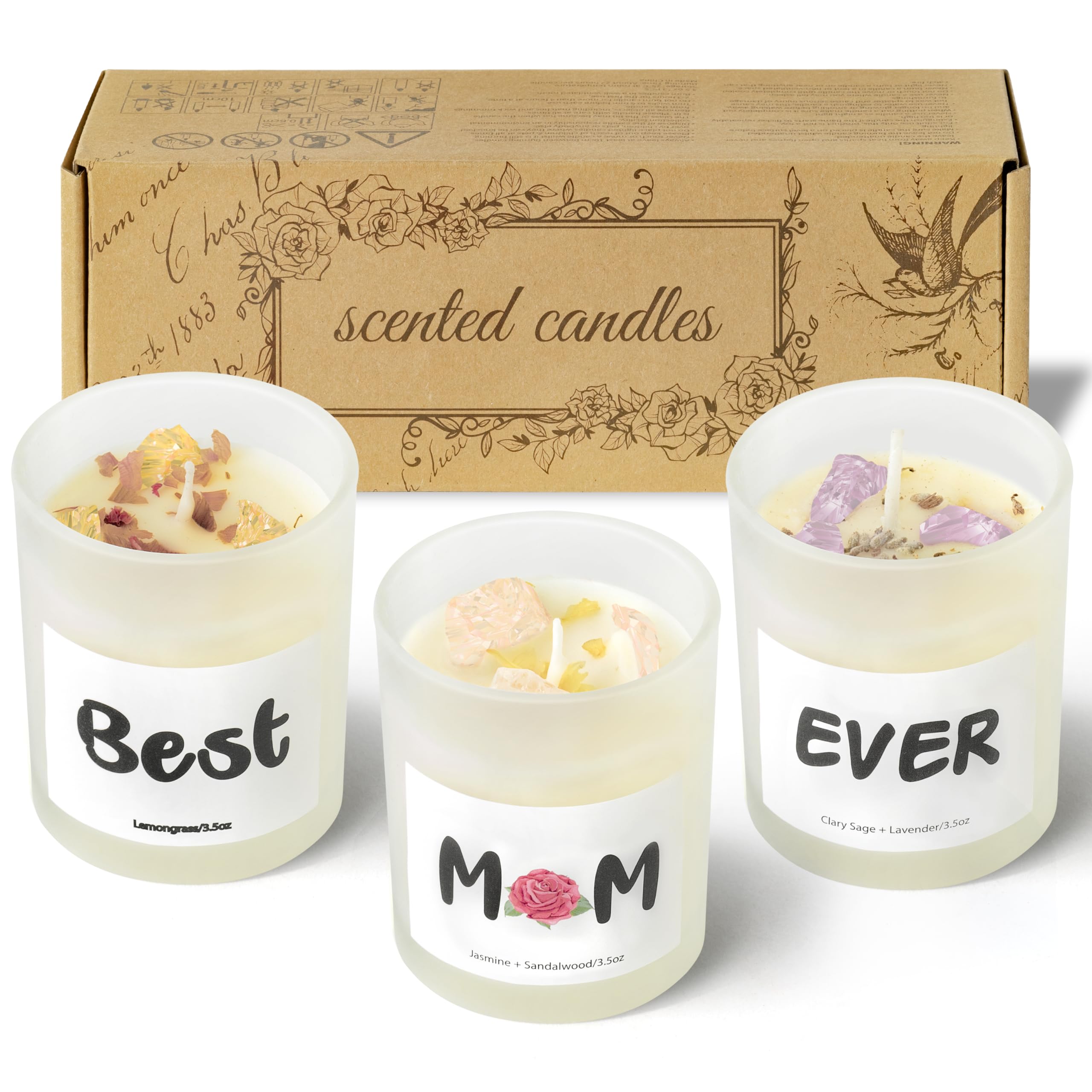 GROBRO73Pcs Crystal Candle Set with Healing Crystals Dried Flower Best Mom Ever Birthday Mothers Day Gifts for Mom from Son Daughter Lemon Jasmine & Sandalwood Sage & Lavender Soy Wax Scented Candles