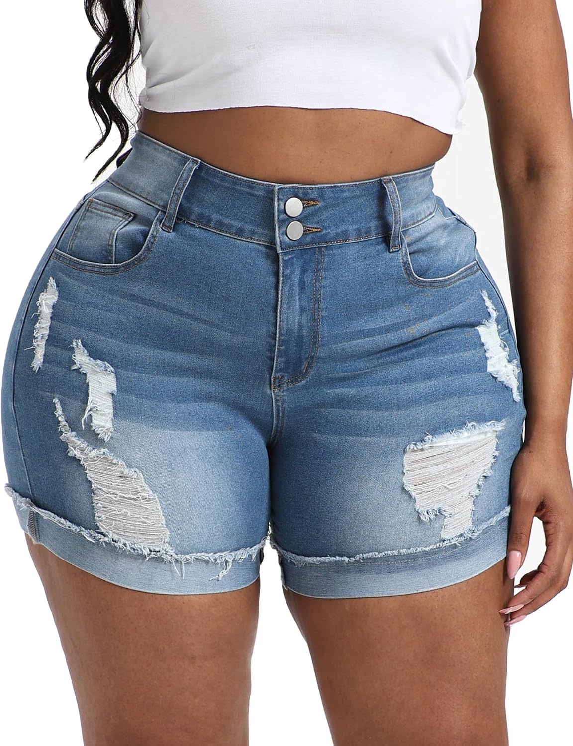 Gocolloa Womens Plus Size Jean Shorts High Waisted Stretchy Ripped Frayed Folded Hem Denim Shorts