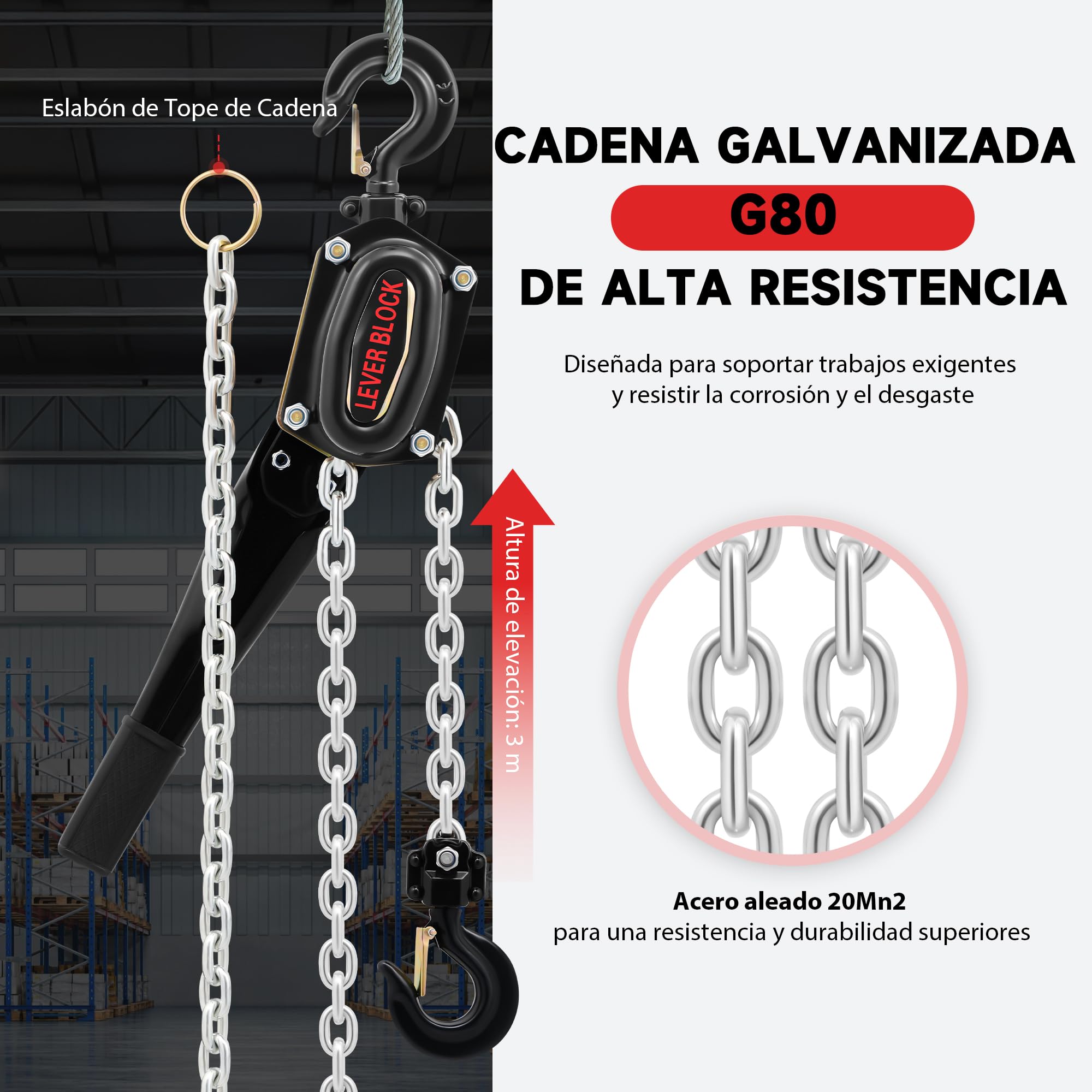 CREWORKS 1,5 T Polipasto de Cadena con Palanca, Elevación de 3 m, con Cadena Galvanizada G80 y Ganchos Giratorios, Polipasto Manual Resistente para Construcción, Almacenes y Fábricas