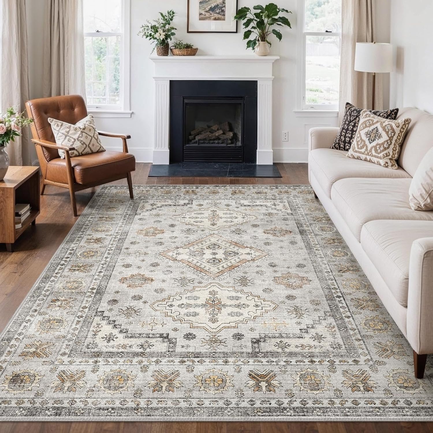 GENIMO Washable Large Rug 160x230cm – Vintage Floral Carpet with Non-Slip Backing,Area Rug for Living Room, Bedroom, Dining Room, Home Office,Warm Gray with Golden Accents — image 1