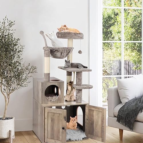 Miniatura 13 de Árbol para gatos con caja de arena, torre para gatos 2 en 1 para gatos de interior, condominio grande de madera para gatos con canasta, postes
