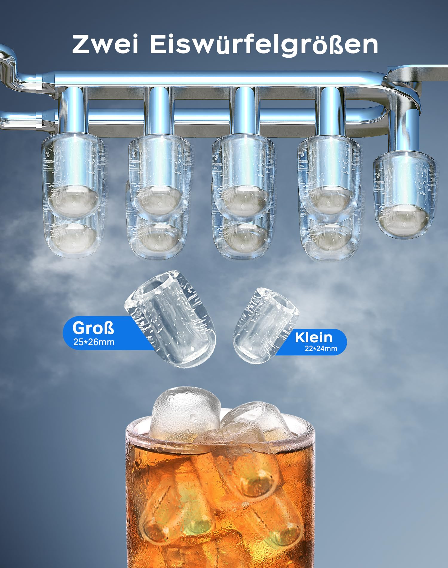 Edelstahl Eiswürfelmaschine mit LED-Display Eismaschine Eiswürfelbereiter und Reinigungsfunktion 2L Wassertank inklusive Eisschaufel und Korb 2 Eiswürfel Größen für Küche, Büro, Bar und Party