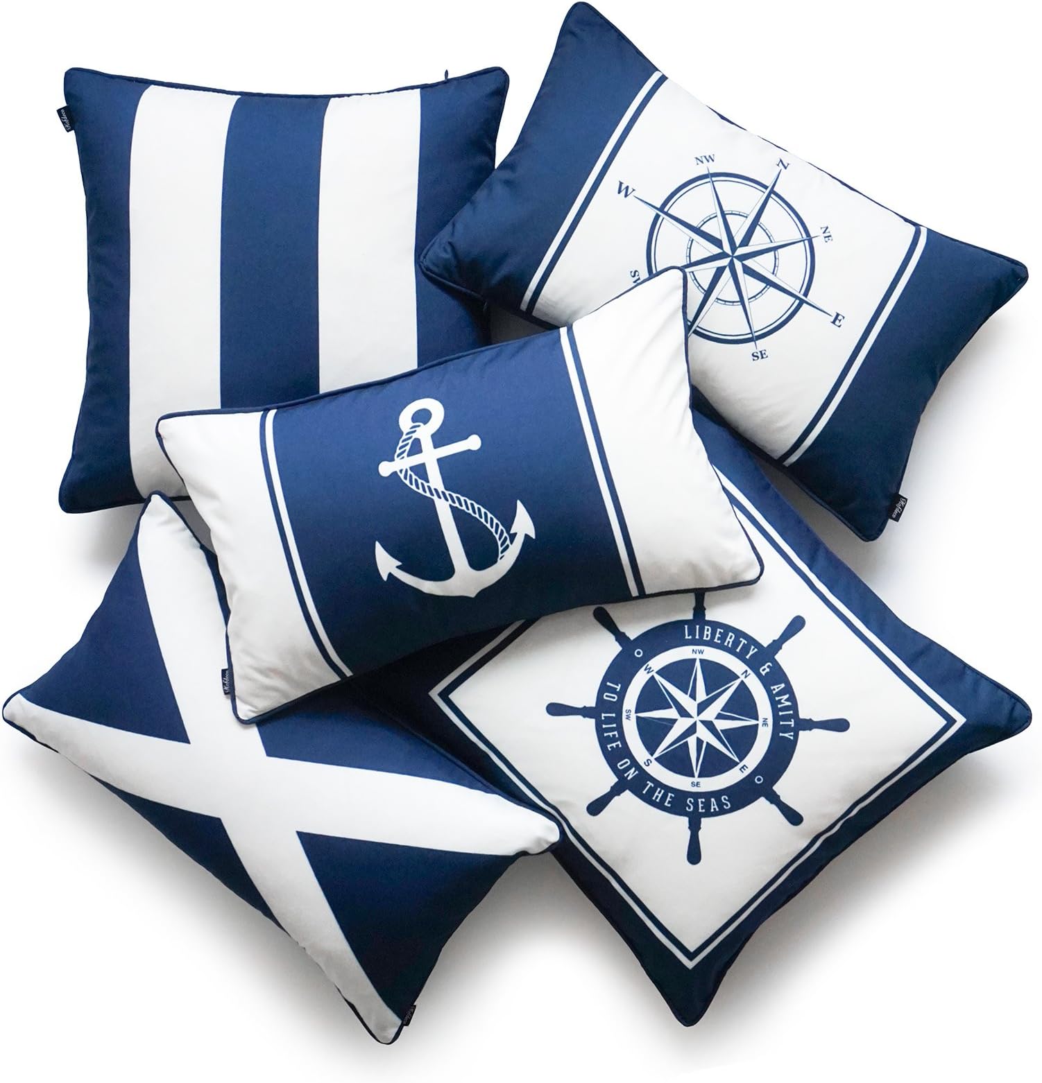 Hofdeco Decorative Cushion Cover OUTDOOR WATER RESISTANT Canvas Nautical Navy Blue Boat Wheel Flag Anchor Compass Stripes 45cm x 45cm 30cm x 50cm Set of 5