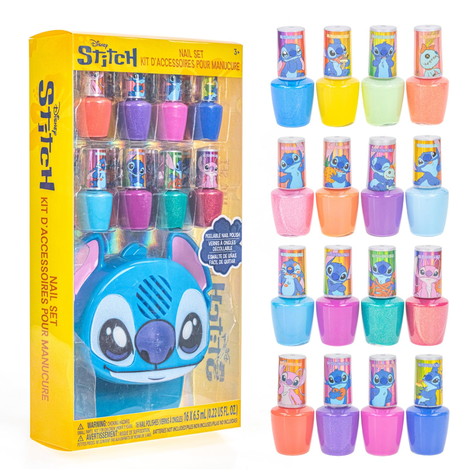 Townley Girl Disney Stitch 16 Piece Water-Based Nail Polish with Nail Dryer Set, Peel-Off Nail Polish with Water, Shimmer and Opaques Colors, AA
