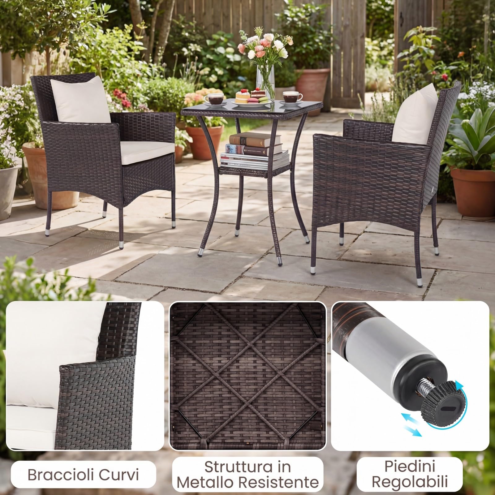 COSTWAY Set da Salotto da Giardino 3 Pezzi, 3 Pezzi Set Mobili da Esterno in Rattan con Tavolo in Vetro Temperato a Doppio Ripiano, Set da Conversazione con Cuscini per Veranda (Marrone+Bianco)