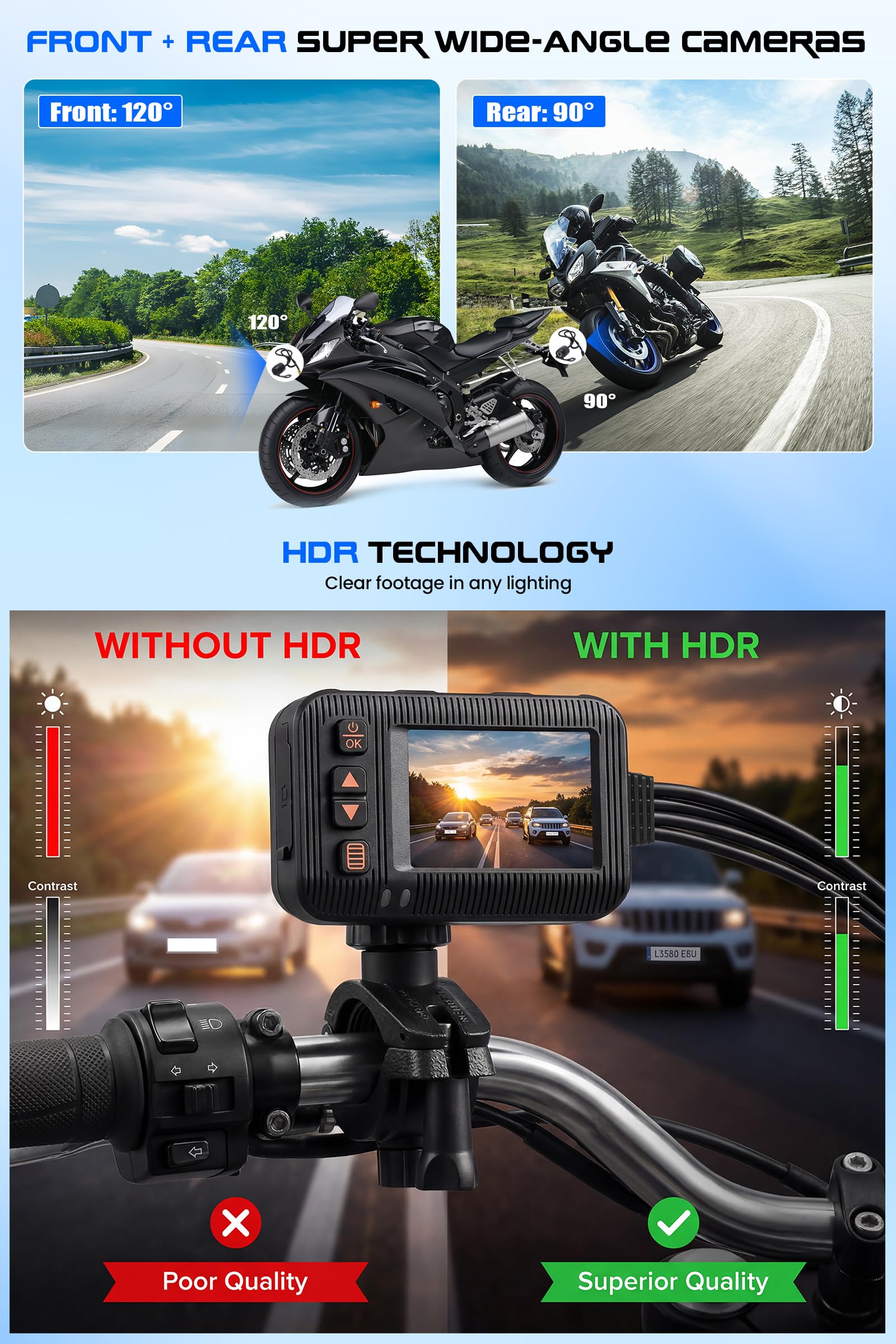 CAMECHO 1080P HDR Dashcam per Moto con Telecamera Anteriore + Posteriore, Sensore G Dash Cam Moto con Registrazione in Ciclo, IP67, Schermo IPS HD da 2 Pollici, Supporto Universale per Moto