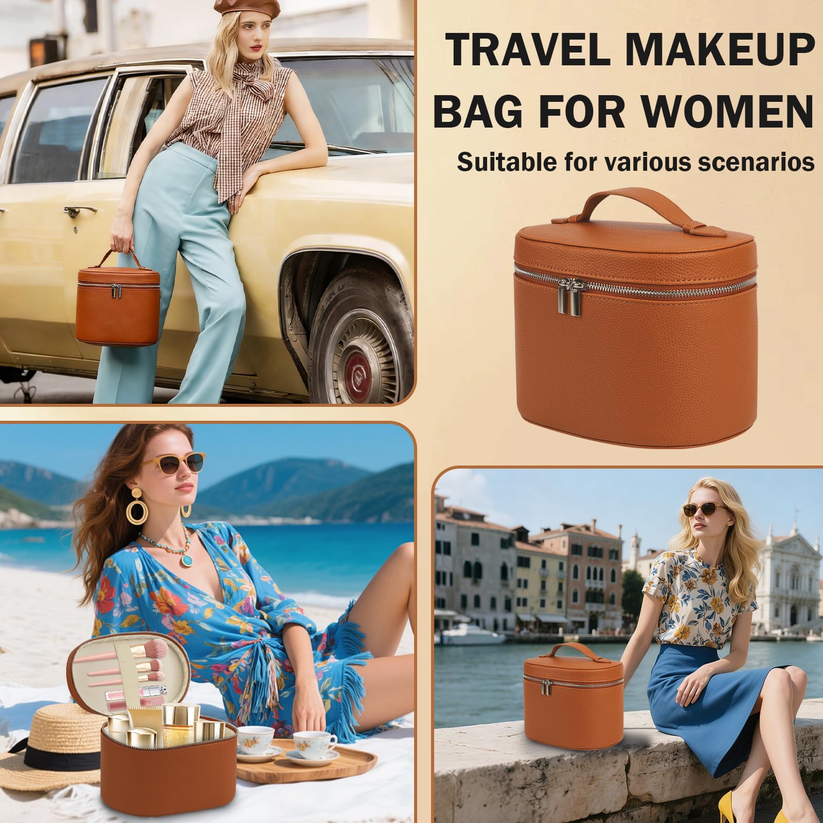 Beauty Case da Donna, Borsa per Trucco per Donne, Organizer con Divisore Rimovibile, Beauty Case da Viaggio in pelle per Cosmetici con Guscio Rigido, Organizer per Trucchi, Regalo Donna(Marrone)