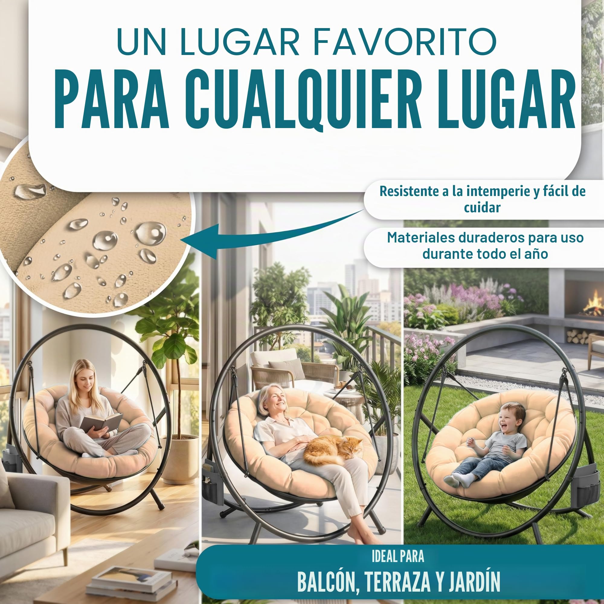 KESSER Silla colgante con estructura Bali, columpio colgante de hasta 150 kg, para interior y exterior, cojín y bolsillo lateral, cesta colgante, estructura de acero y cojín de espuma, ideal para