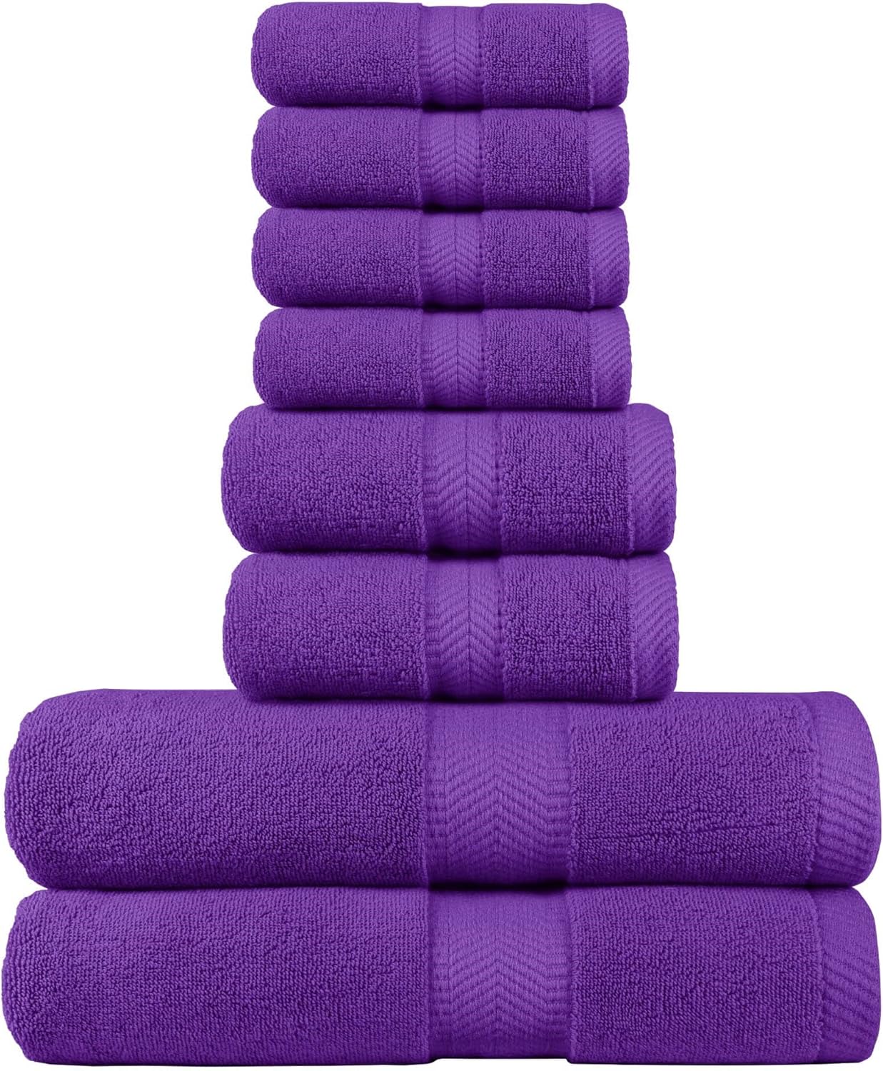 BY LORA Terry Cotton Bath Towel, Hand Towel and Wascloth Set, Purple, Set of 8