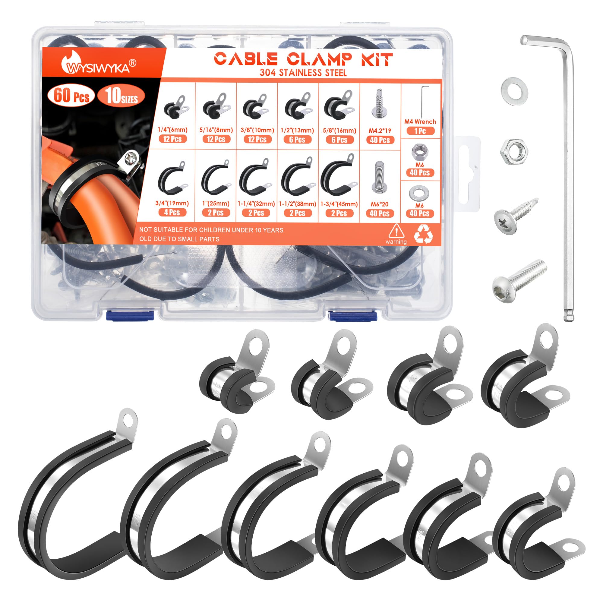 WYSIWYKA 60PCS Cable Clamps Assortment Kit,10 Sizes-1/4" 5/16" 3/8" 1/2" 5/8" 3/4" 1" 1-1/4" 1-1/2" 1-3/4" Wire Clamps,304 Stainless Steel Rubber