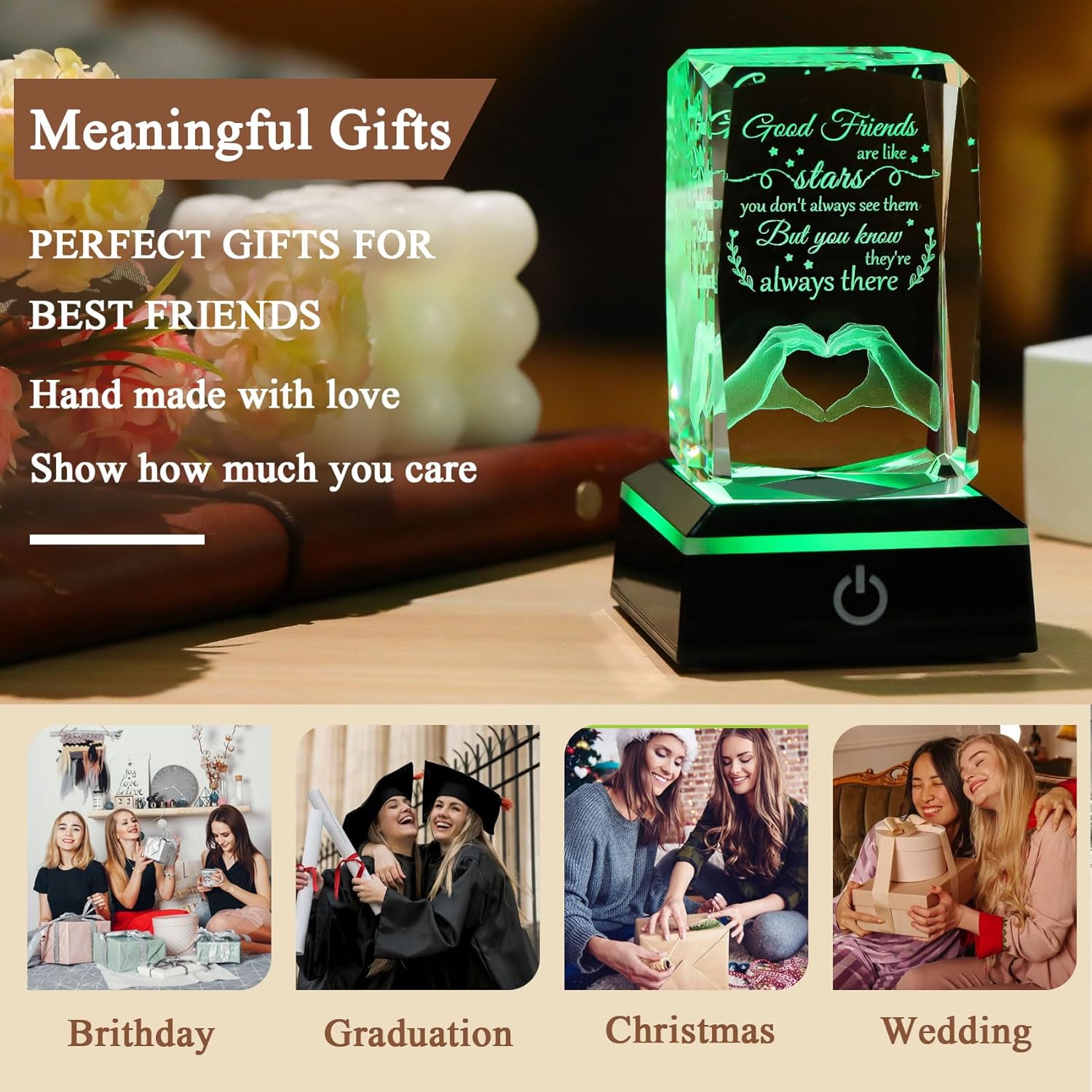 Enjinkail Bestfriend Unique Gifts for Women Birthday Crystal Keepsake with Colorful Led Base, 3D Engraved Friendship Plaque Bestie Gifts for Graduation Valentines Christmas Mothers Day - Image 5