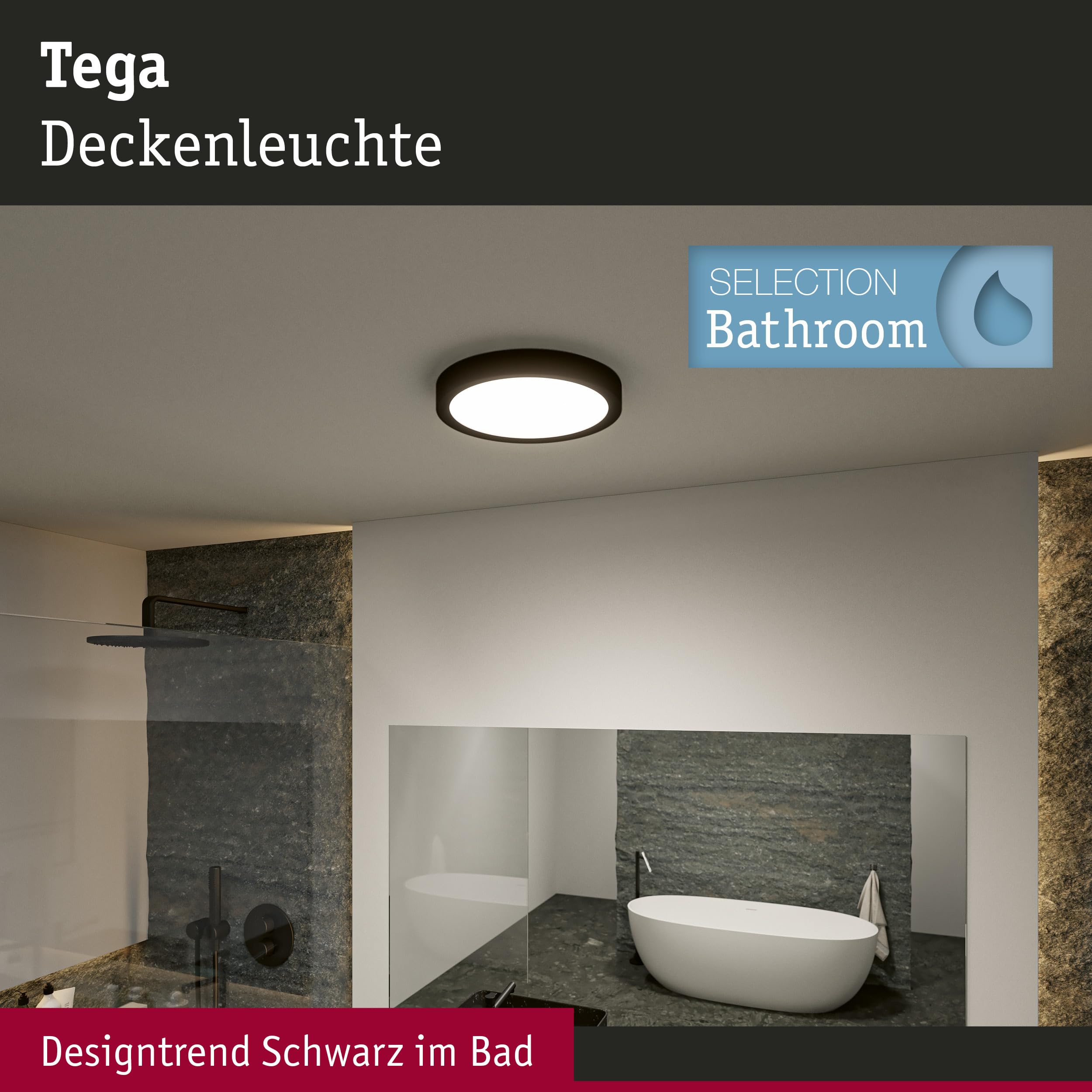 Paulmann 71086 LED Deckenleuchte Selection Bathroom Tega IP44 White Switch 1200lm 230V 22,5W Schwarz matt Badleuchte Badleuchte