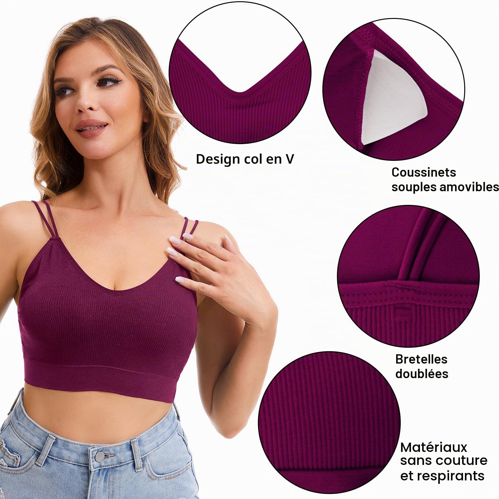 BQTQ 6 Pièces Soutien-Gorge à col en V rembourré sans Couture Bralette avec Rembourrage Amovible pour Femme