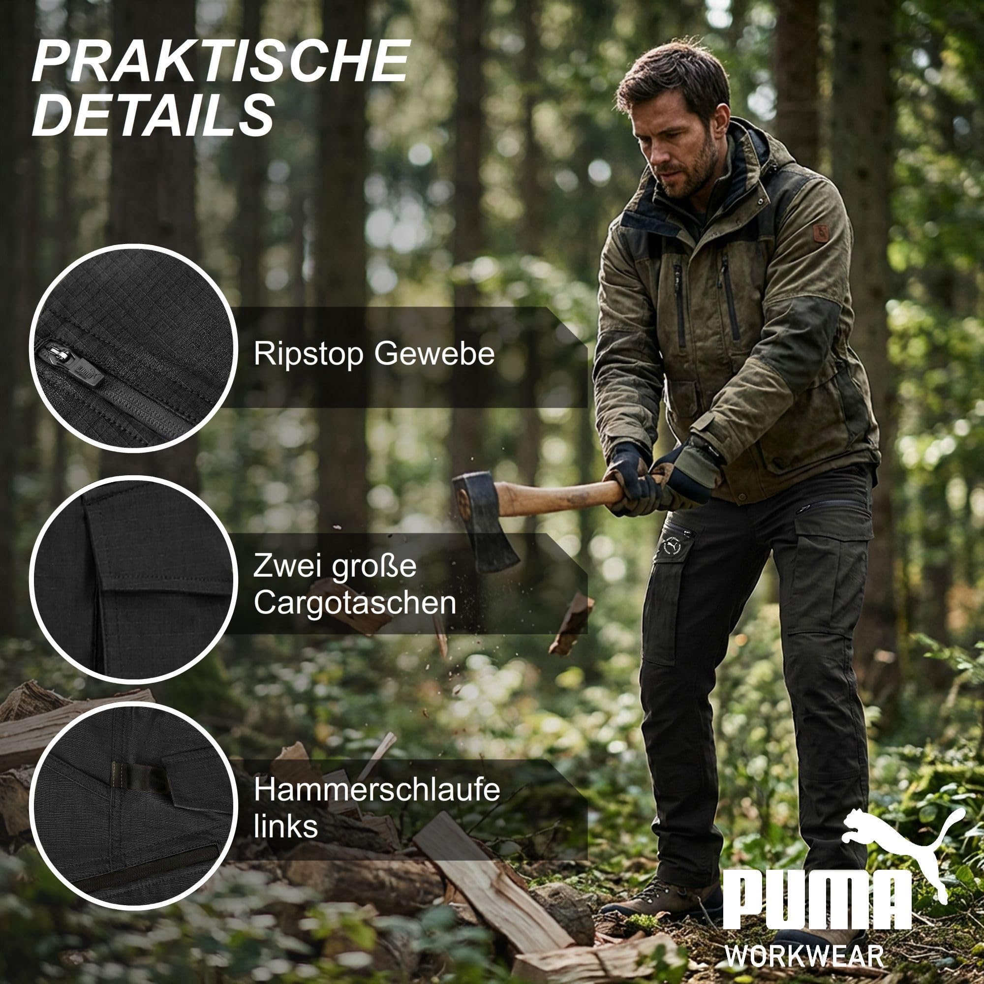 PUMA Workwear Cargohose Arbeitshose Herren – Robuste Hose mit Stretch & Ripstop-Gewebe - Gummizug im Bund - Erhöhtes Rückenteil - Hammerschlaufe - Innenliegende Handytasche