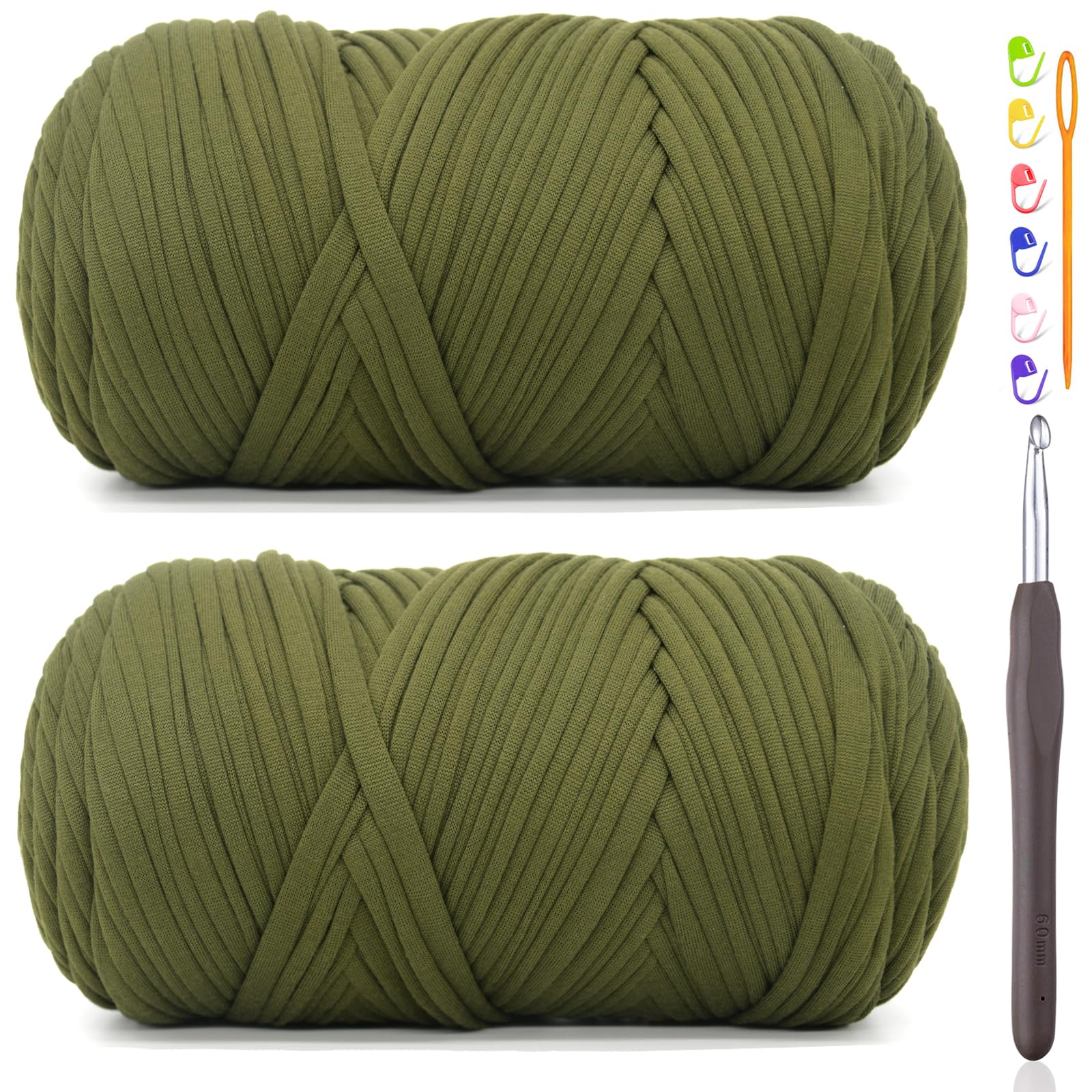 Lot de 2 pelotes de fil de 400 g pour t-shirt, tissu élastique épais, pour débutants, tricot, sac, panier, dessous de verre, loisirs créatifs, décoration d'intérieur - 400 g - Vert kaki