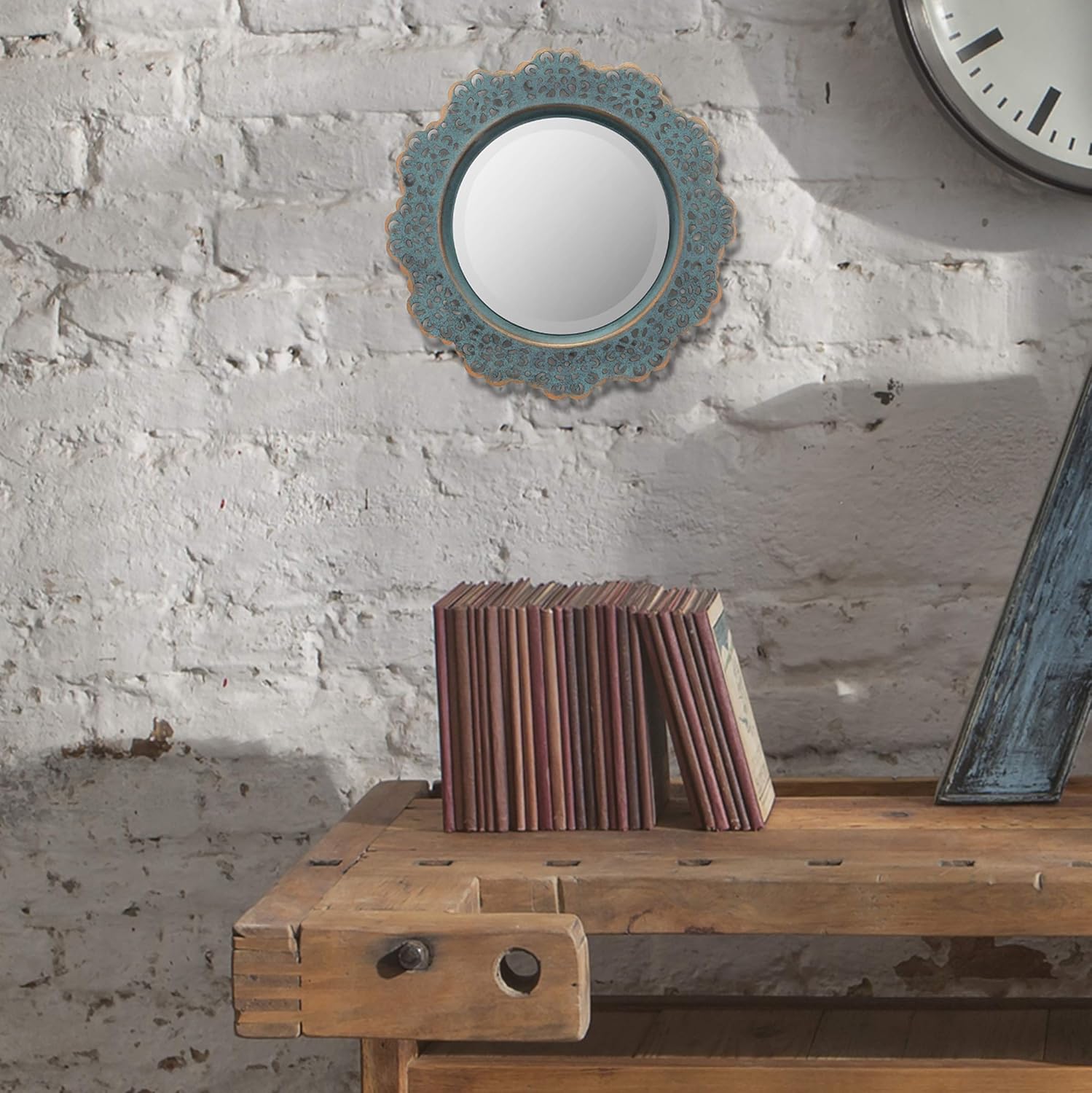 Stonebriar Decorative Round Metal Lace Wall Mirror with Attached Hanger, 12.5 Inch, Turquoise : Home & Kitchen