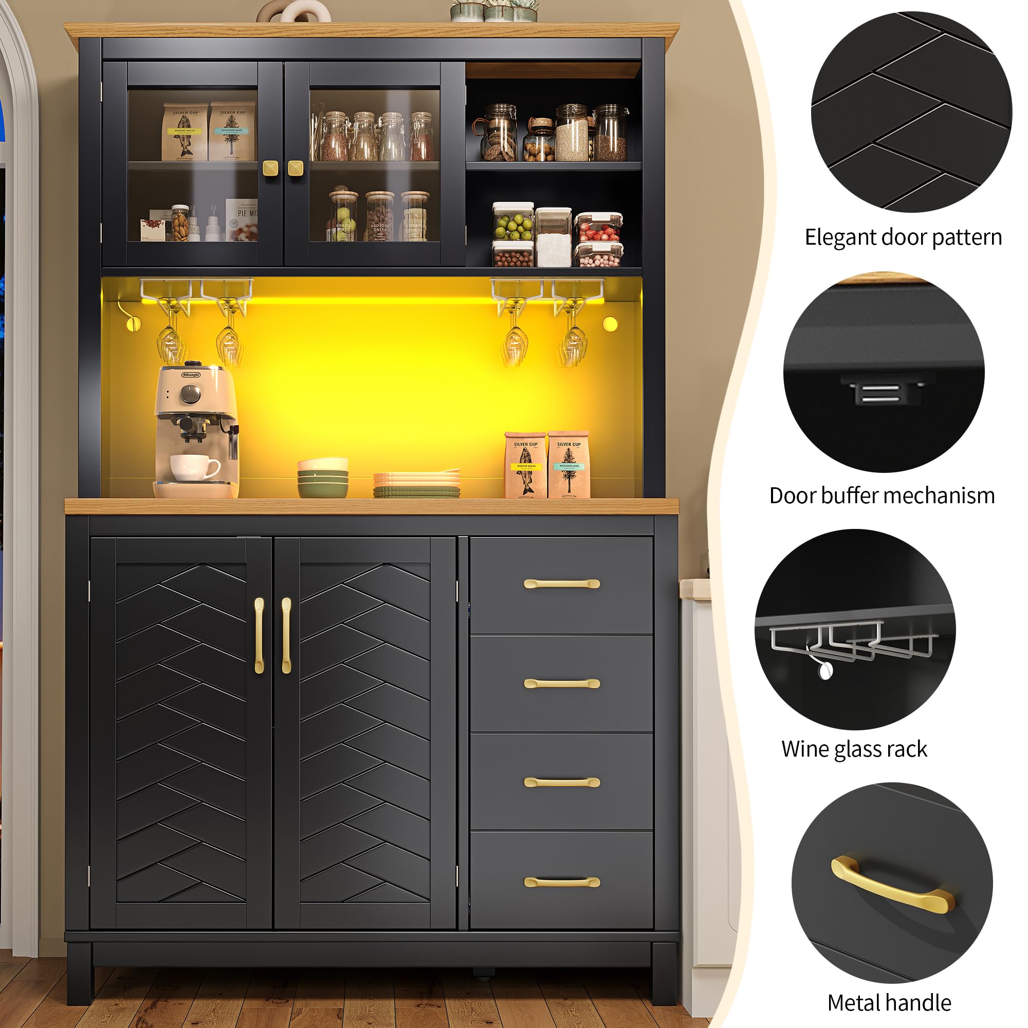 Mobile da cucina a buffet, 105,5 x 40 x 180 cm, stile rustico, 4 ante, con striscia luminosa a LED e porta bevande, verde/nero/bianco