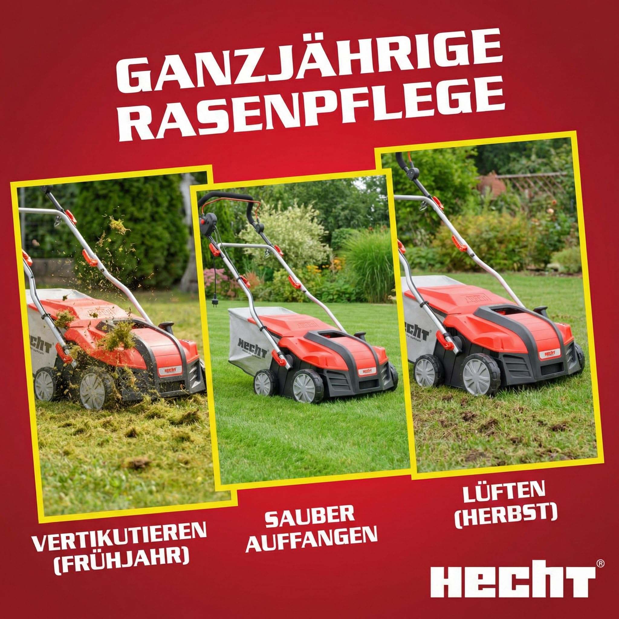 HECHT brandneuer 2 in 1 elektro Vertikutierer - Vertikutierer Elektro für einen schönen grünen saftigen Rasen – Starke 2000 Watt mit Lüfter- und Messerwalze - großzügiger 55l Auffangsack – elektrisch