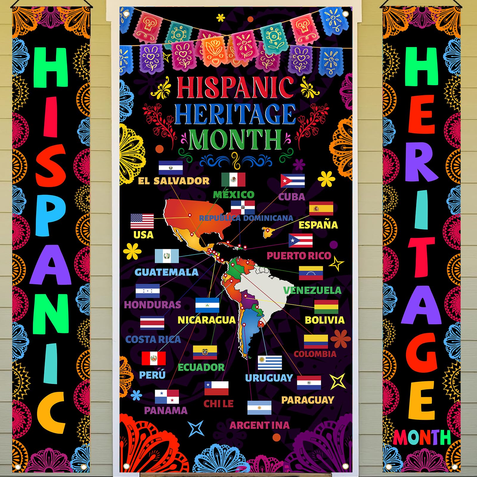 3PCS Hispanic Heritage Month Decorations, National Hispanic Heritage Month Backdrop, Wall Hanging Porch Banner for Classroom School Doorway Decorations, Latin American Banner Spanish Classroom Decor