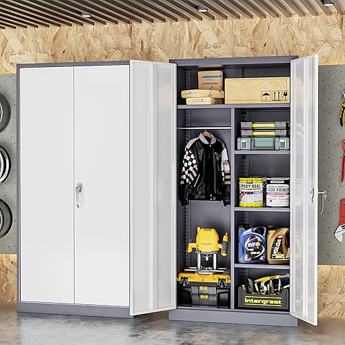 Miniatura 8 de INTERGREAT Armario de almacenamiento de metal con puertas y estantes, gabinete de almacenamiento de garaje de 72 pulgadas con cerradura, gabinete de