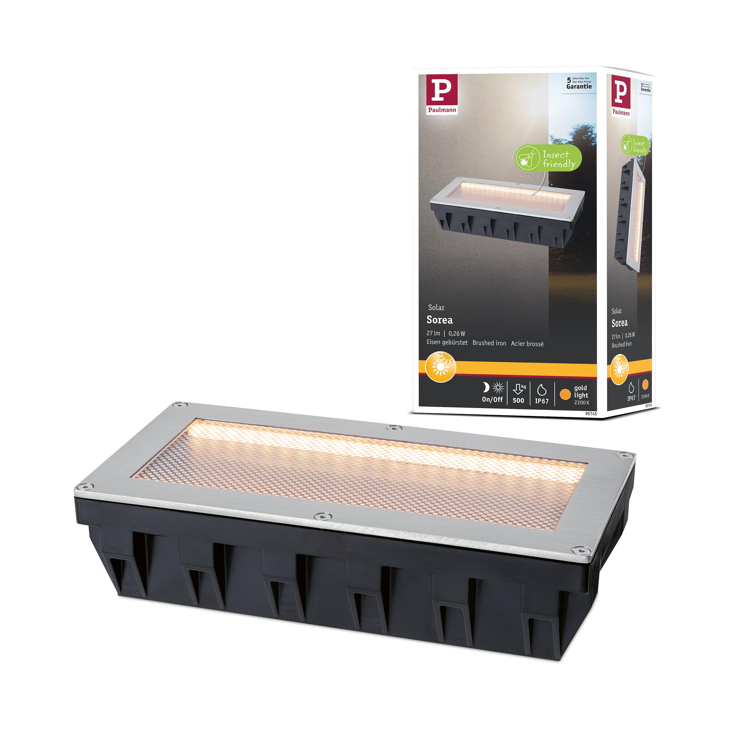 Paulmann Solar LED Bodeneinbauleuchte Sorea Dämmerungssensor IP67 eckig 200x100 mm 2200K 0,3W 14lm 3,7V Eisen gebürstet ABS, Polycarbonat, Edelstahl 95745