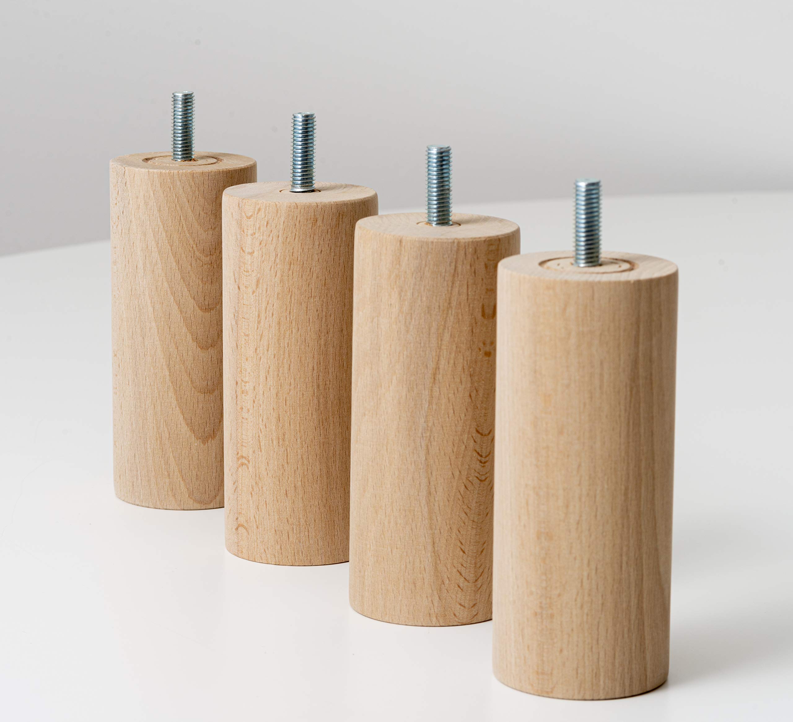 IPEA Piedini in Legno per Mobili e Divani - Altezza 140 mm – [ DESIGN MINIMAL ED ELEGANTE ] - Set di 4 Piedi in Legno Grezzo per Armadi, Poltrone, Arredamento Casa - Gambe per Letti – Vite M10