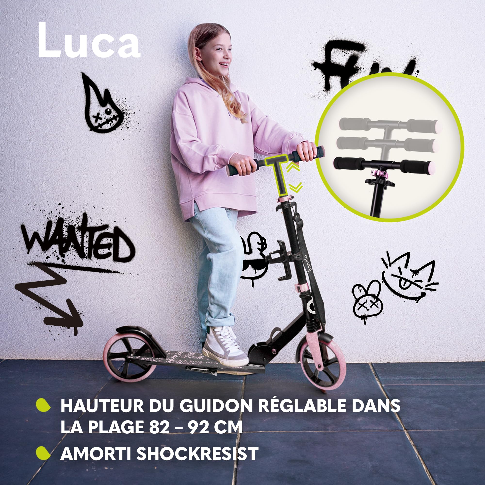 LIONELO LUCA trotinette Enfant et Adultes jusqu'à 100 kg, Construction Durable, Pliage, Rapide, Guidon Ajustable, Roues à 20 cm, Amortisseur ShockResist Frein (Noir)