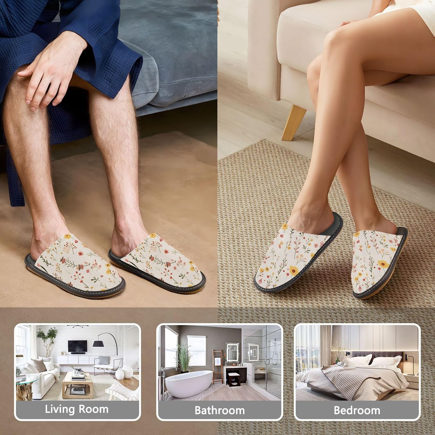 Boho Floral Garden Flower House Slippers – Cozy Fuzzy Slippers for Guests, Washable & Disposable, Perfect for Shoeless Home, Spa & Hotel Use A110525