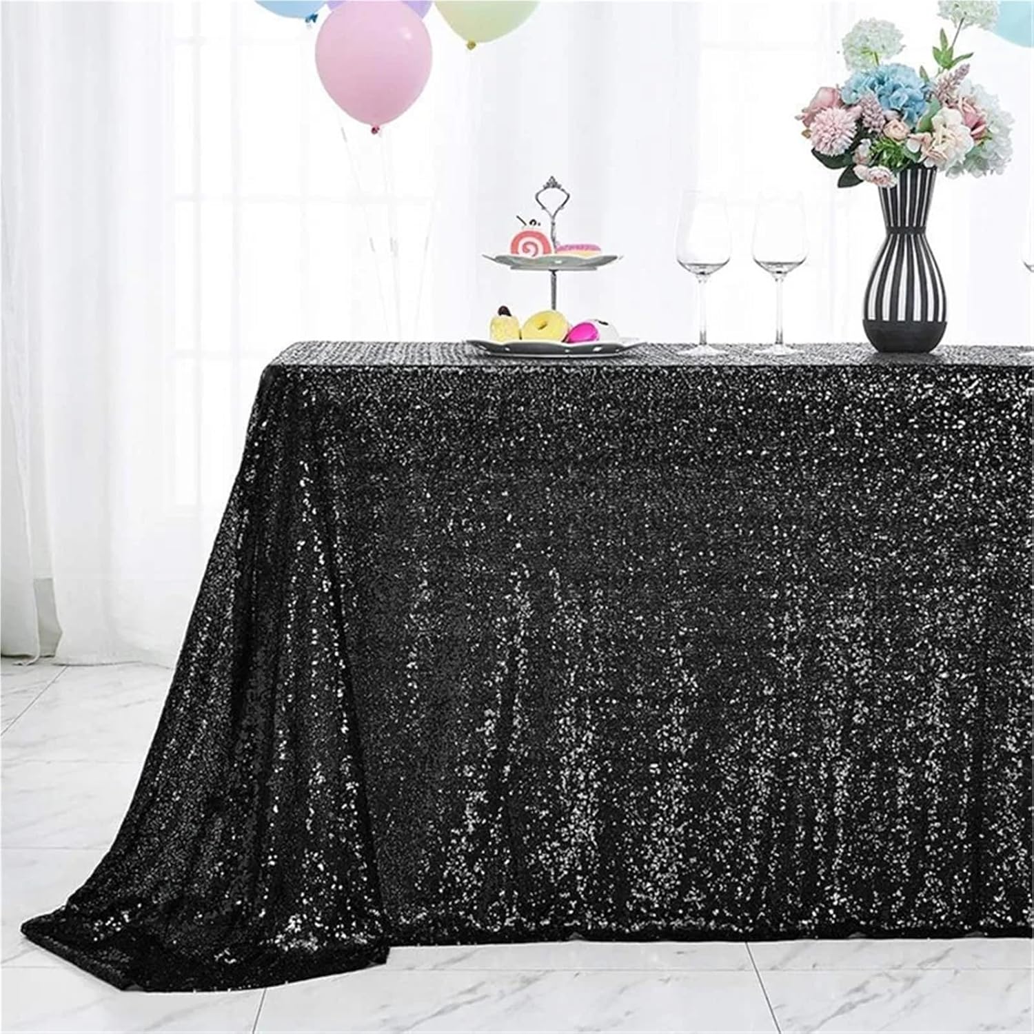 Black and Gold Round Tablecloth 2pcs Sequin Table Cover for Wedding Birthday Christmas Baby Shower Party Decoration(Black,50inch X 80inch)