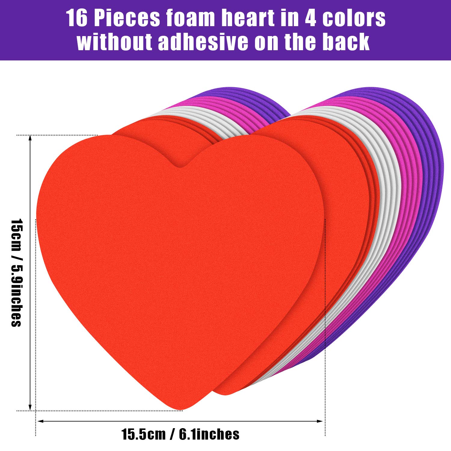 24 Valentine's Day Foam Hearts - 6 Inch Self Adhesive Craft Stickers For DIY Decor