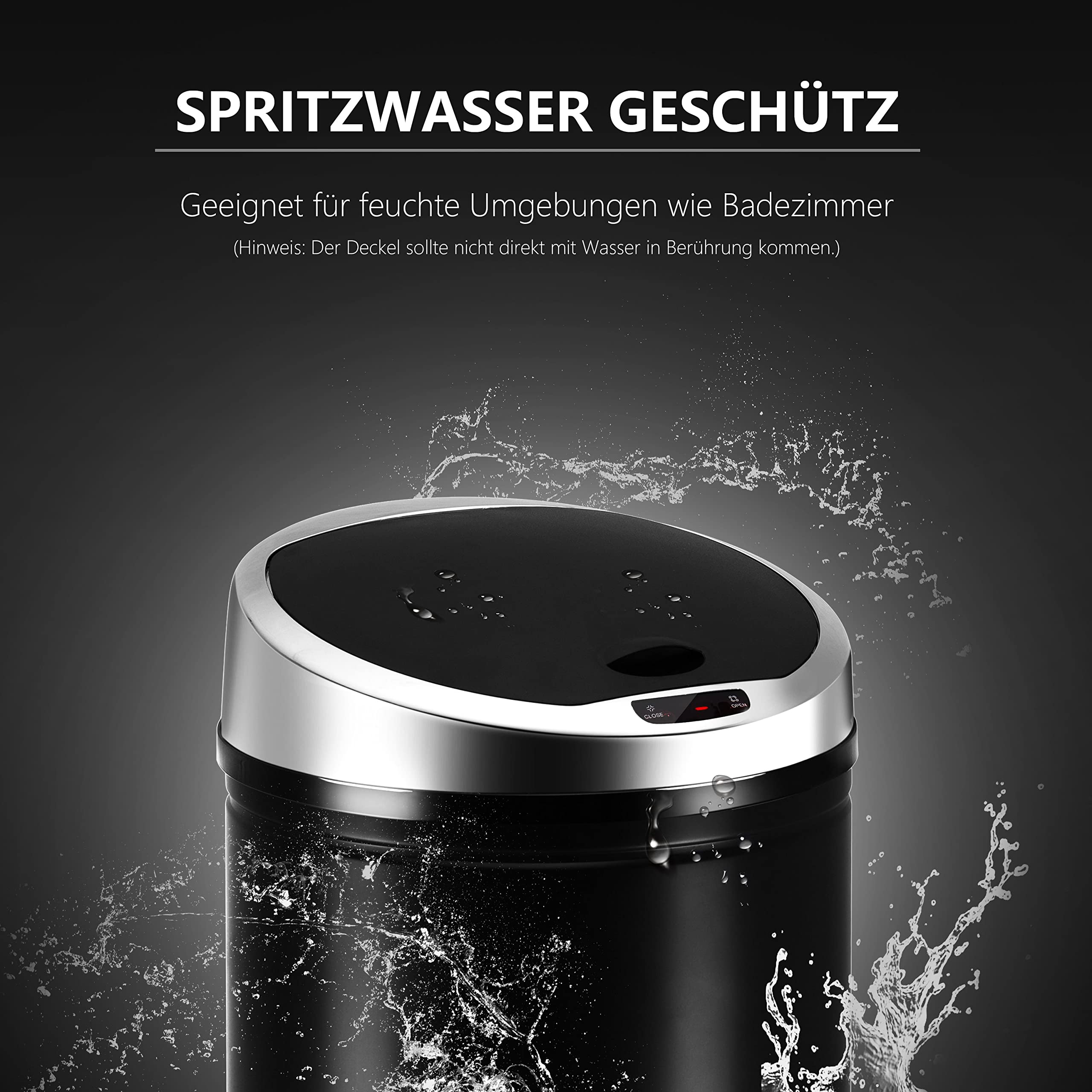 Ribelli Edelstahl Mülleimer 30 Liter - Abfalleimer mit Sensor - automatisches Öffnen und Schließen - Klemmring für Müllbeutel - Abnehmbarer Deckel - mit LED-Funktionsanzeige (schwarz)