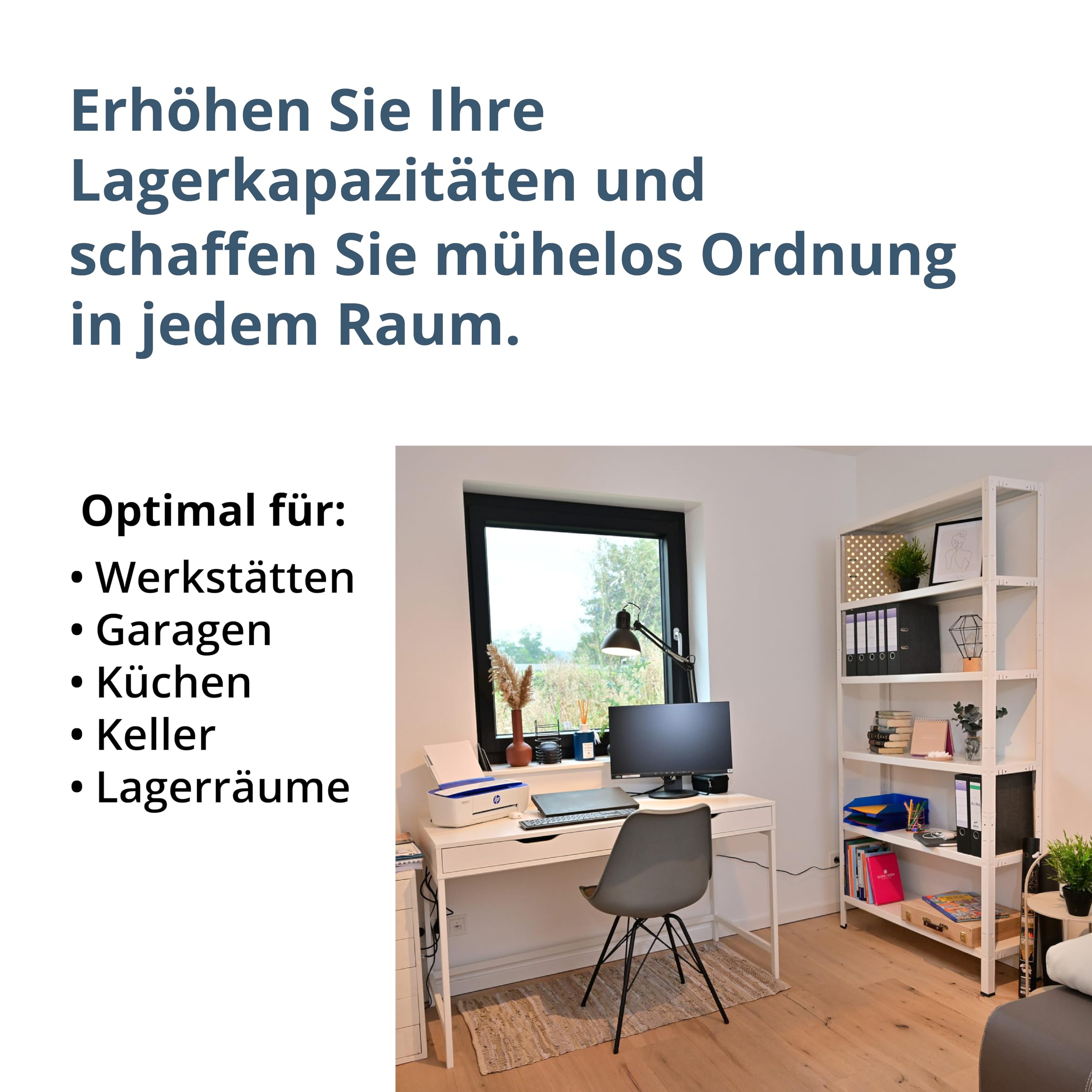 SCHULTE Regalwelt Steck- Büroregal mit 6 PowerMAX Fachböden, 65 kg Tragkraft, 200x100x30 cm (HxBxT), weiß, Lagerregal, Werkstattregal, Kellerregal, Garagenregal, Metallregal