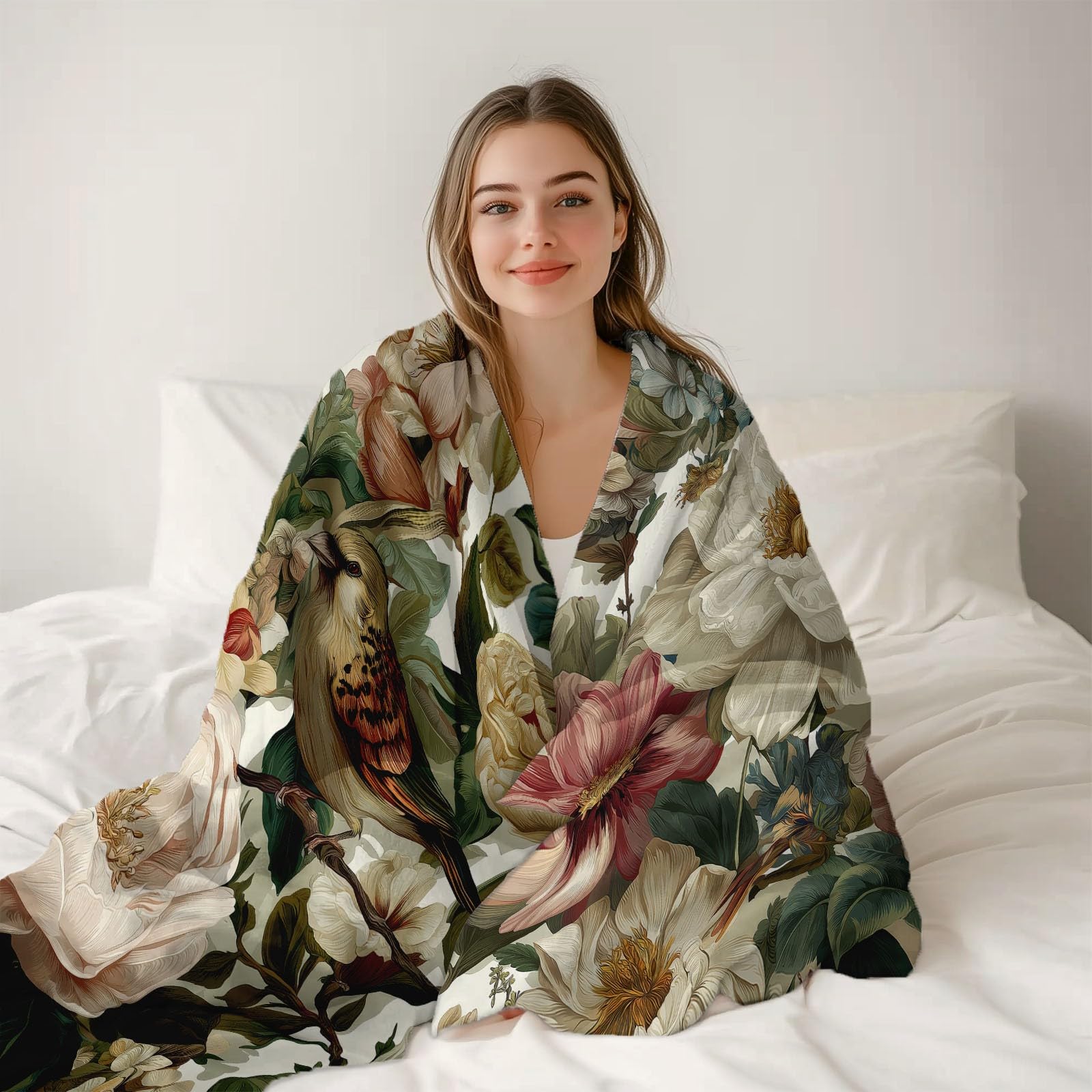 Manta de forro polar de franela, crema suave duradera cálida peluche 200 x 220 cm mantas, vintage plantas enredaderas rosas flores impresión manta franela día de la madre Navidad regalos para mamá