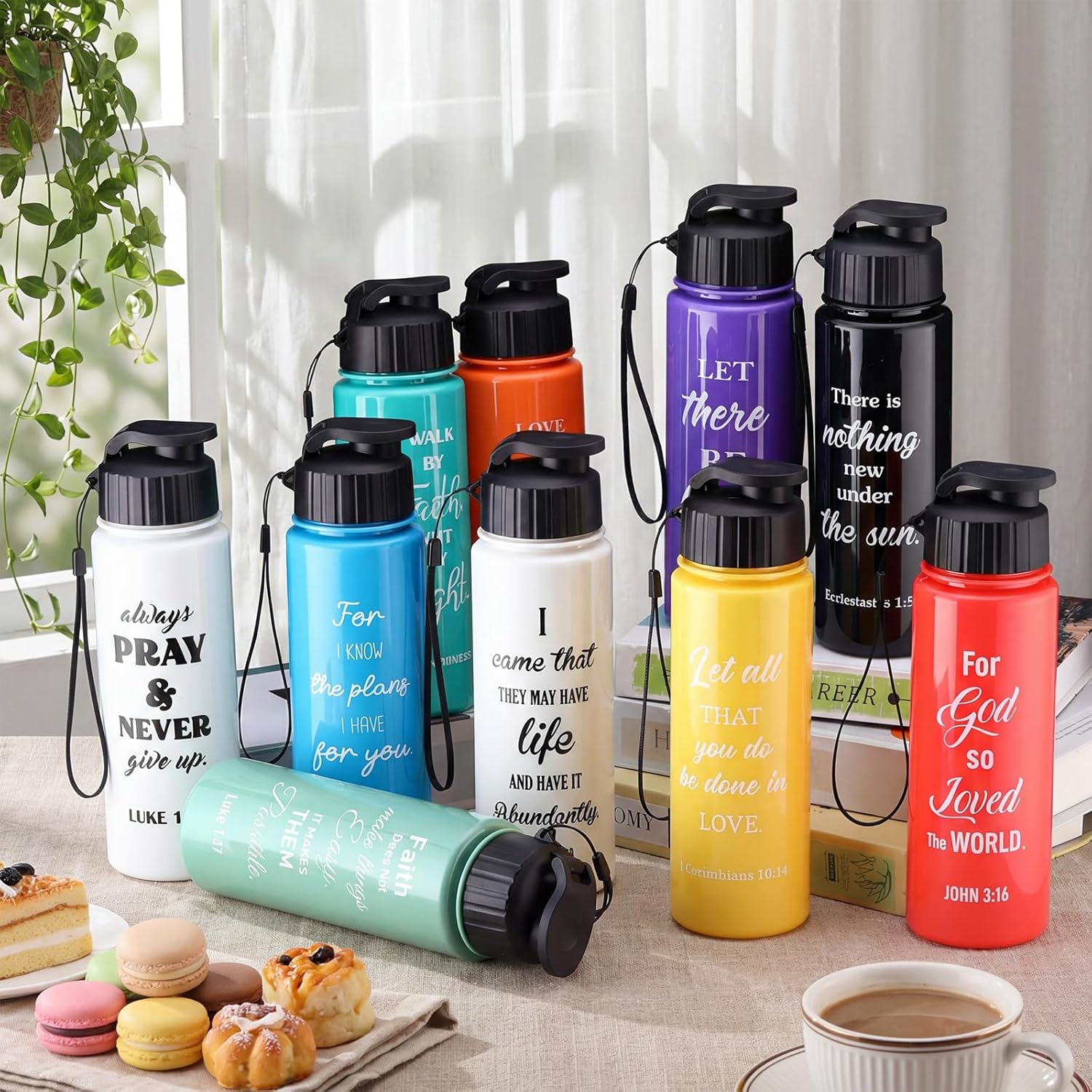 Mifoci 20 Pcs Christian Religious Water Bottle Bulk 17 oz Inspirational Bible Verse Tumbler Reusable Sport Bottle Leakproof Plastic Cup Easter Gift for Women Men Church Bible Study Employee(Bright)