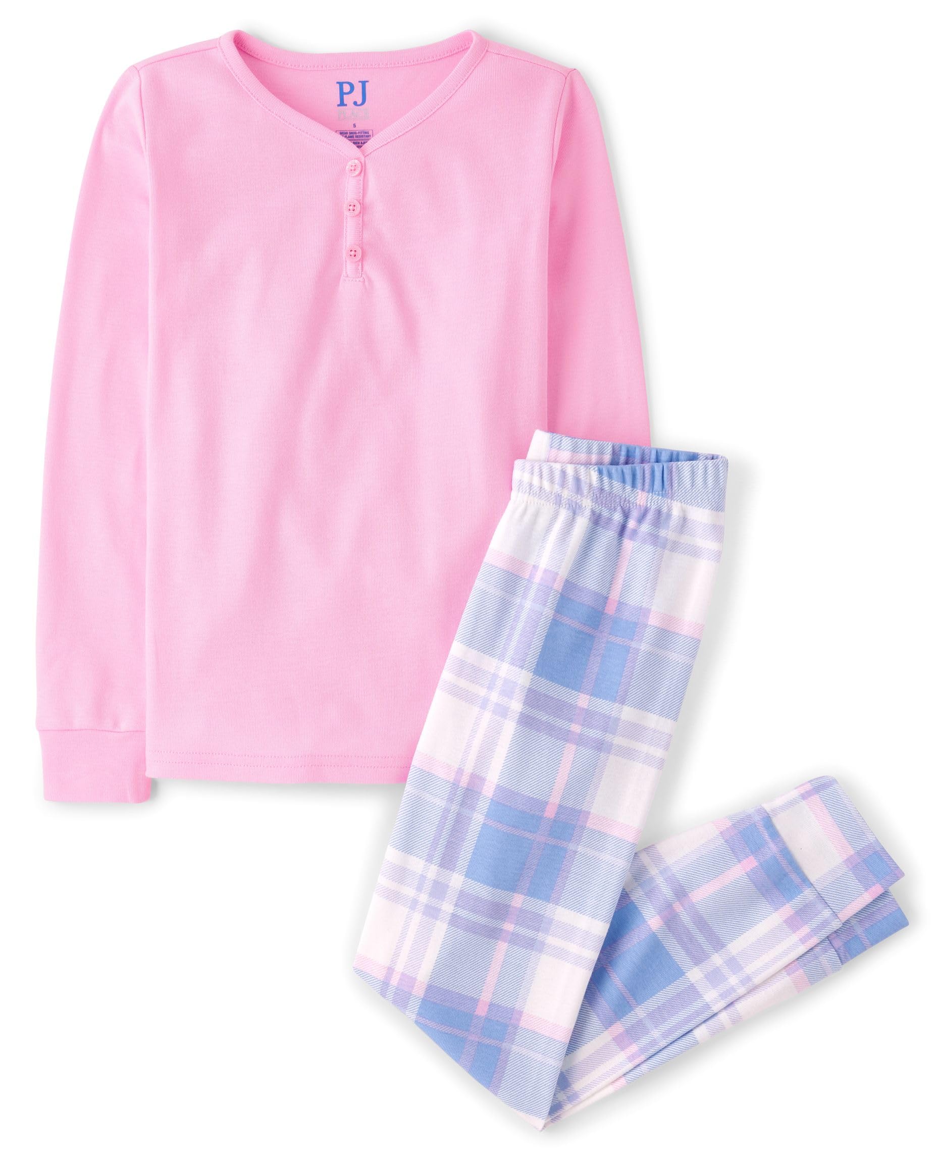 The Children's Place Girls' 100% Cotton Long Sleeve Top and Pants, 2 Piece Pajama Set 10 Pink Purple Plaid