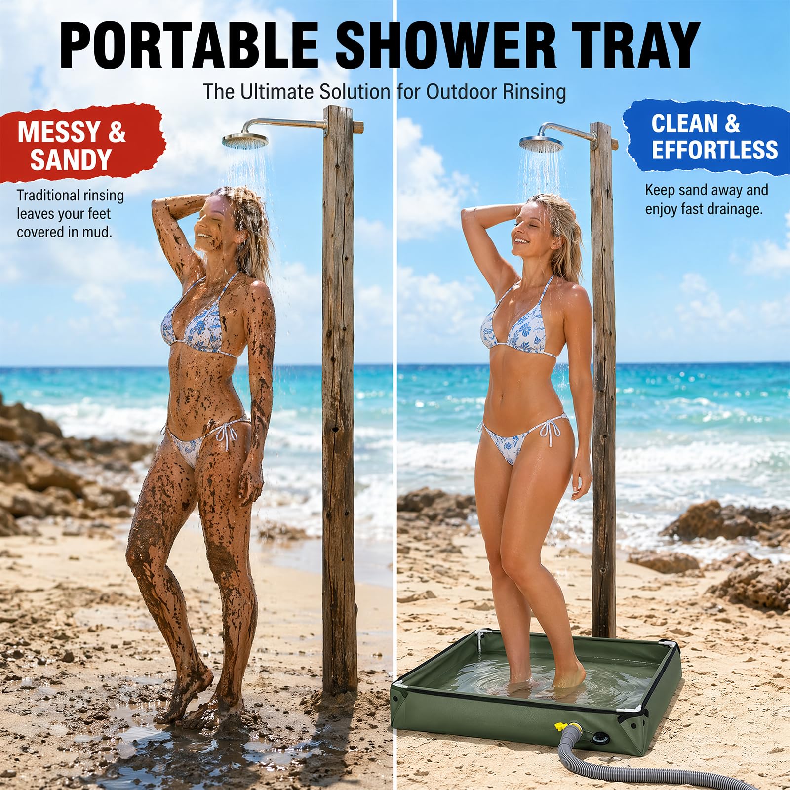 Piatto doccia pieghevole, 80 x 80 cm, piatto doccia da campeggio, base doccia portatile con tubo di scarico, tenda doccia per esterni, per camper, giardino, viaggi (verde militare)