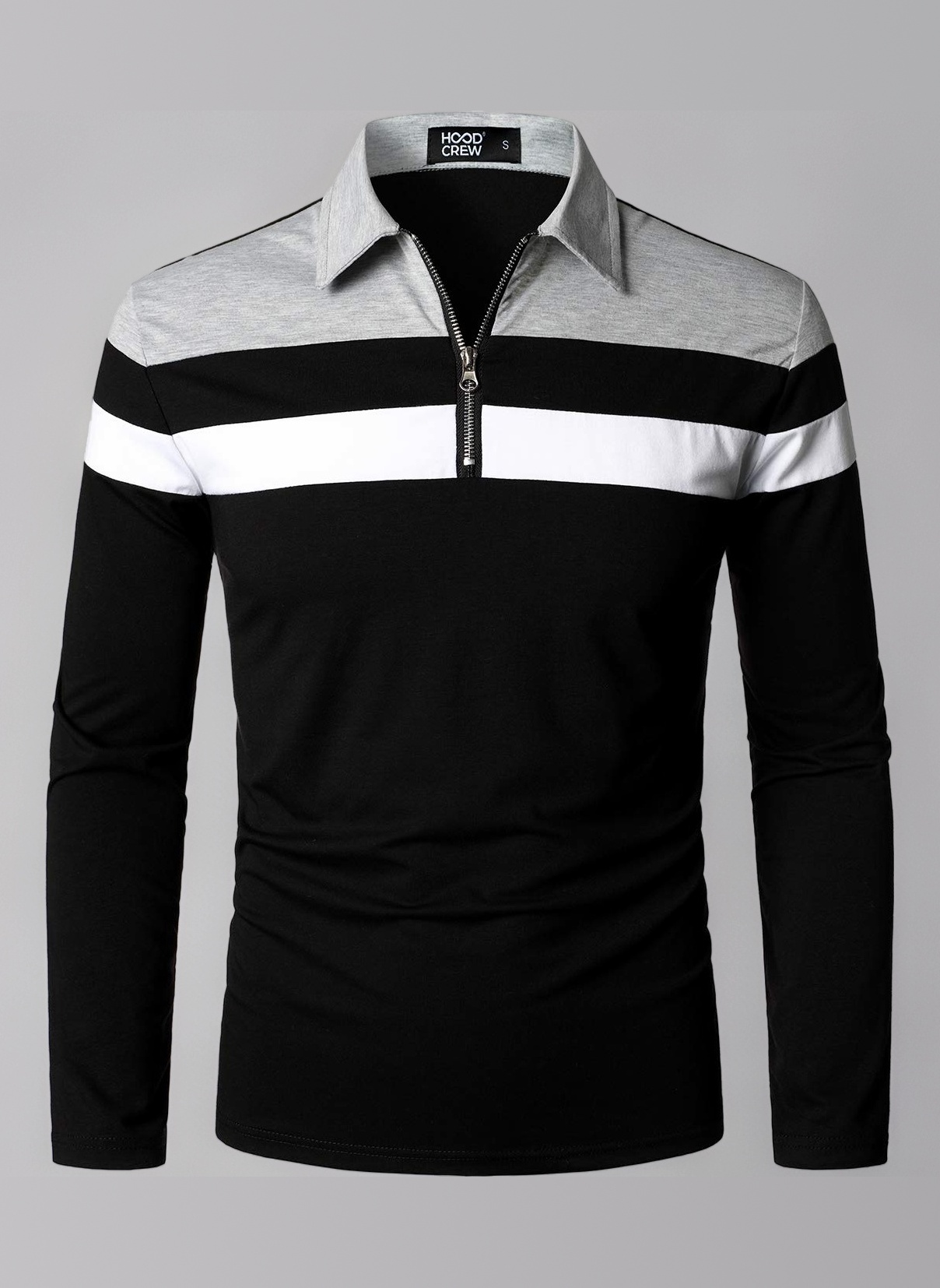 Mens Casual Long Sleeve Polo Shirts Contrast Color Patchwork Cotton Tee Tops