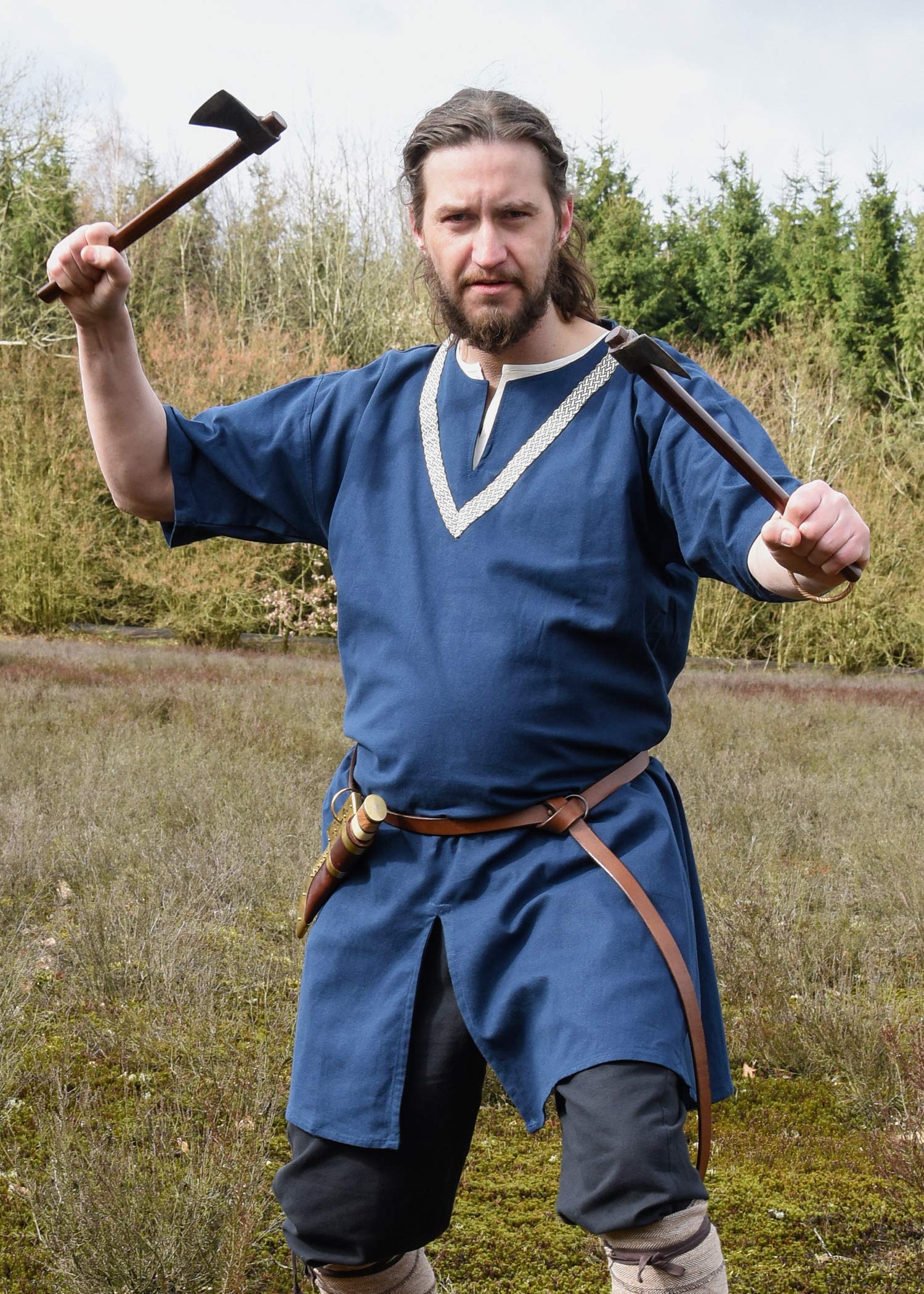 Battle-Merchant - Ailrik -Tunica Medievale a Maniche Corte con bordature - Uomo - Ideale Come Costume da Guerriero o per Carnevale