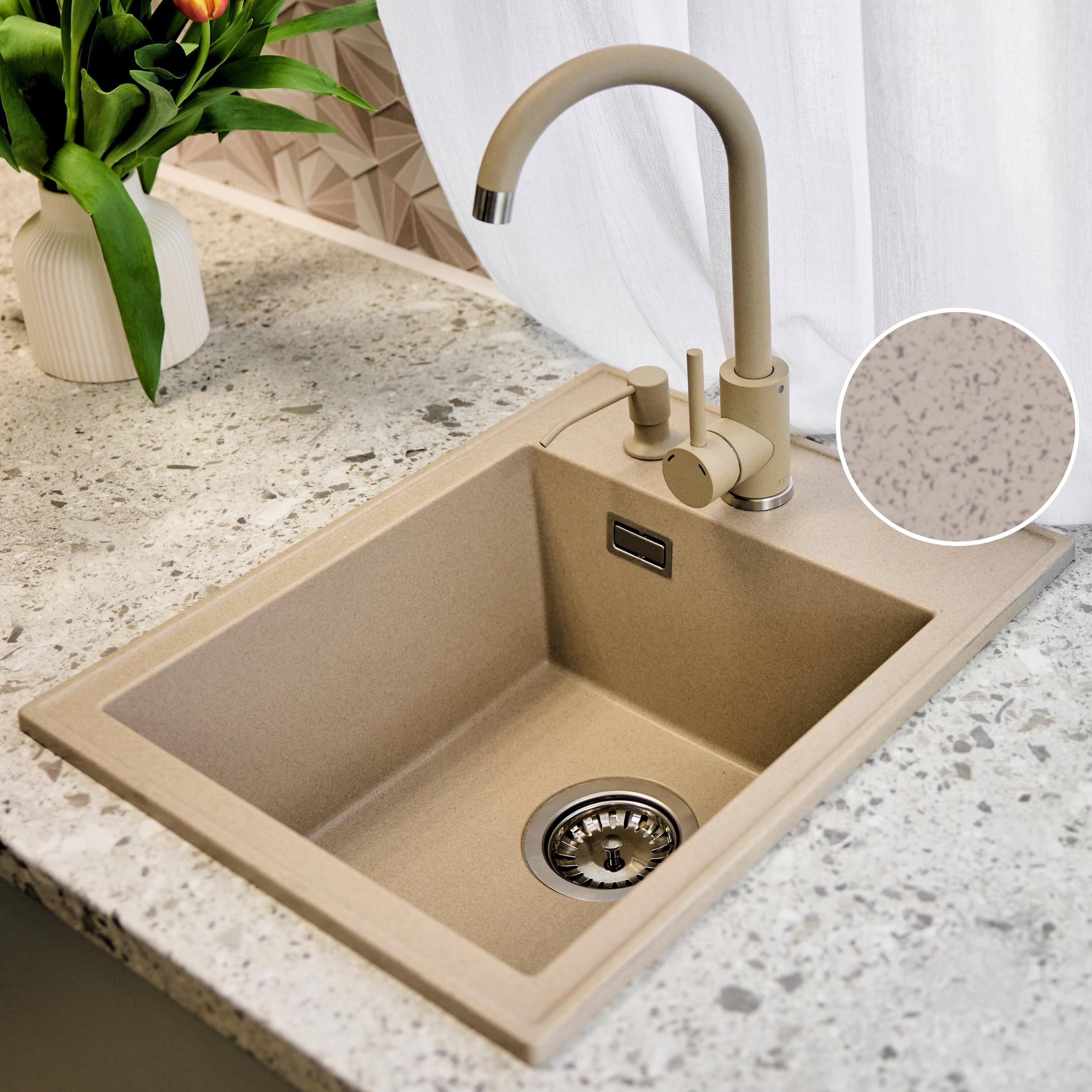 SINK QUALITY - Set completo di lavello in granito, 40 x 50 cm, con rubinetto da cucina, dispenser di sapone, sifone e impregnazione, lavello senza scolapiatti per mobiletti a partire da 40 cm di