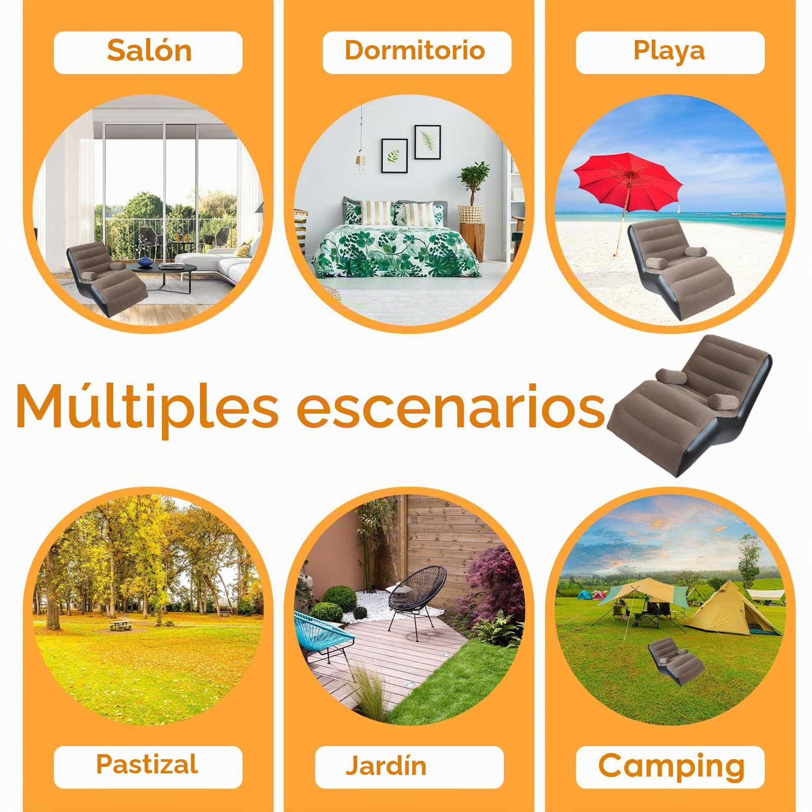 sofá de aire, sofá de camping con reposapiés, sofá hinchable portátil con flocado, sillón hinchable, sillón de piscina, airlounge, puf exterior, para camping, hogar (1, S gris, 1 persona)