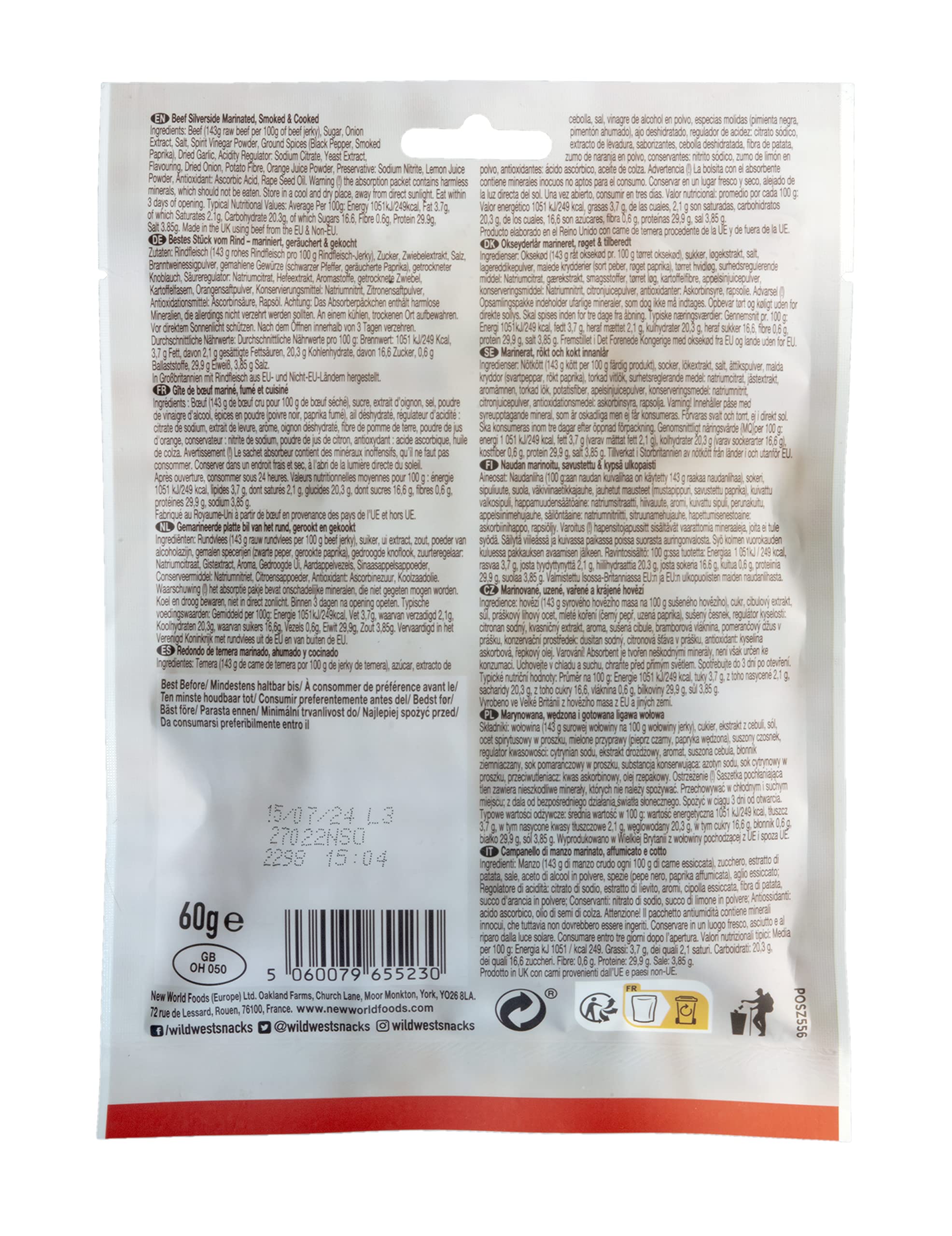 Wild West Beef Jerky, 60 g Original, carne seca altamente proteica, snack proteico Beef Jerky, cecina de vaca