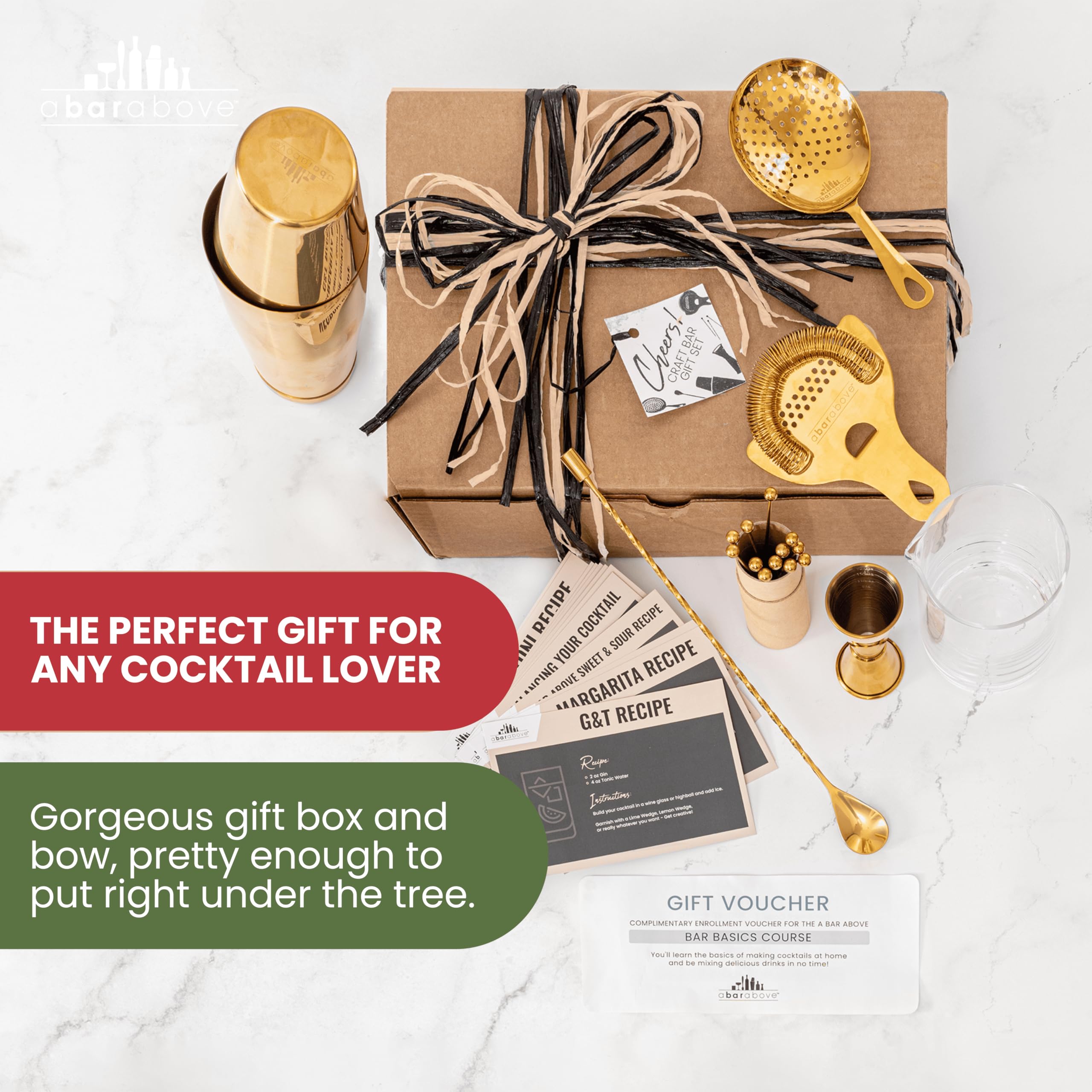 Coffret Cadeau Barman A Bar Above 22 Pièces Doré - Kit Cocktail Pro Avec Shaker, Passoires, Cuillère Et Cartes Recettes