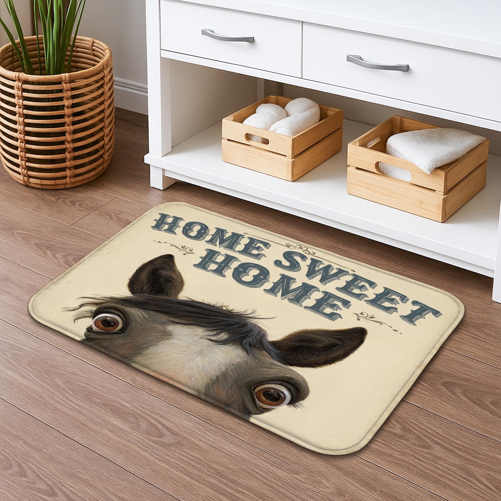 Horse Face Home Sweet Home Quick Dry Bath Mat, Rustic Animal Absorbent Non Slip Shower Mat, Cozy Flannel Washable Bath Rugs for Bathroom Decorative 16x24 Inch