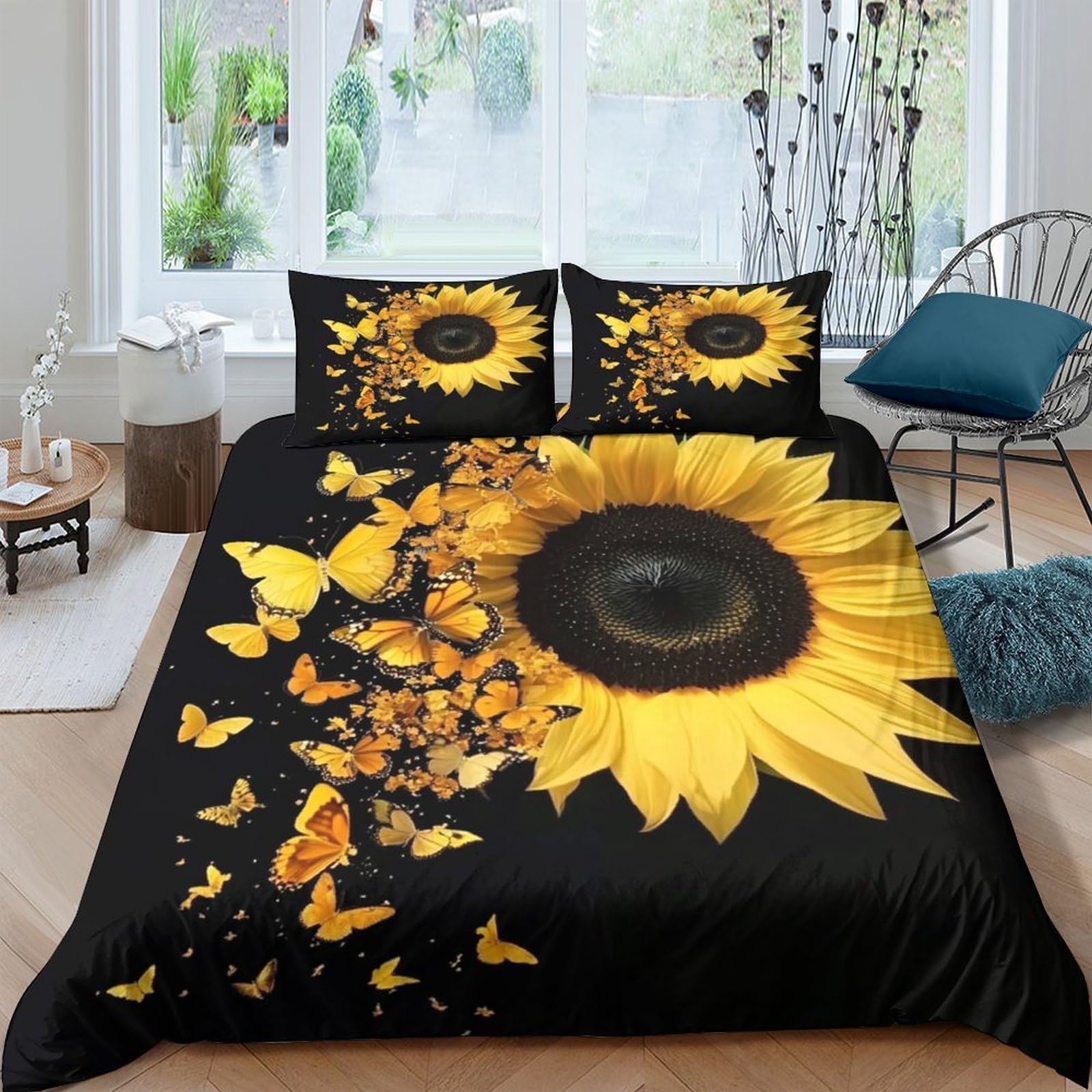 GPLZQXKJNH 3D Printed Sunflower Duvet Cover Microfiber Soft Breathable Butterfly Bedding Set with 2 Pillowcases for Bedroom Decor, Single（135x200cm）